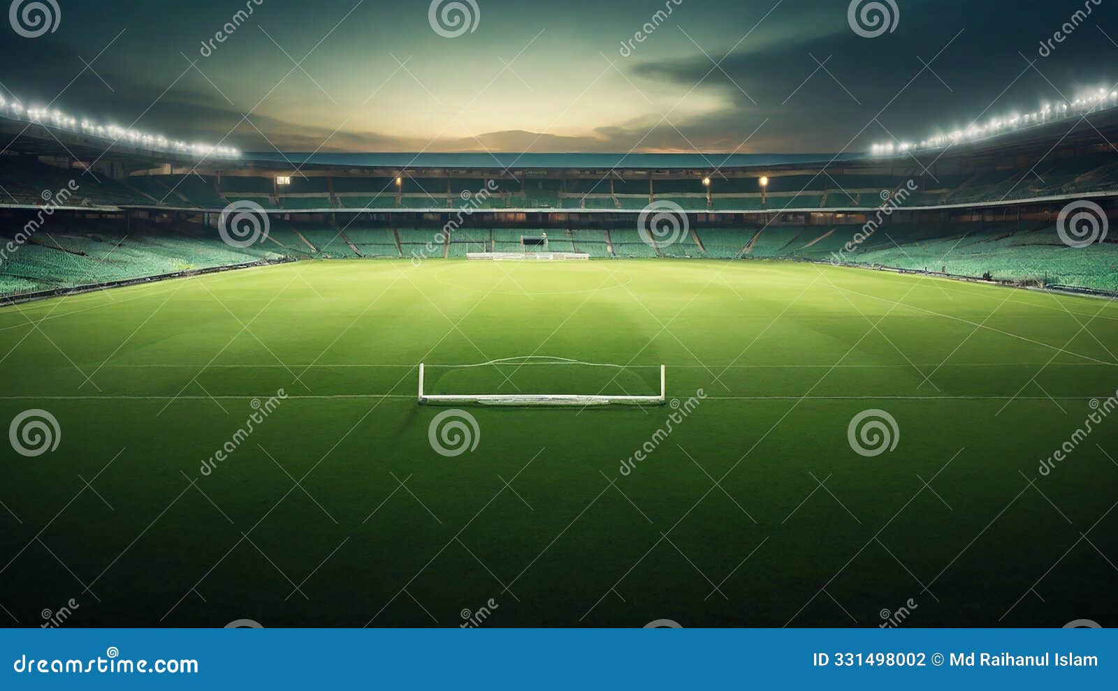 a soccer stadium filled with vibrant green grass, surrounded by towering stands.