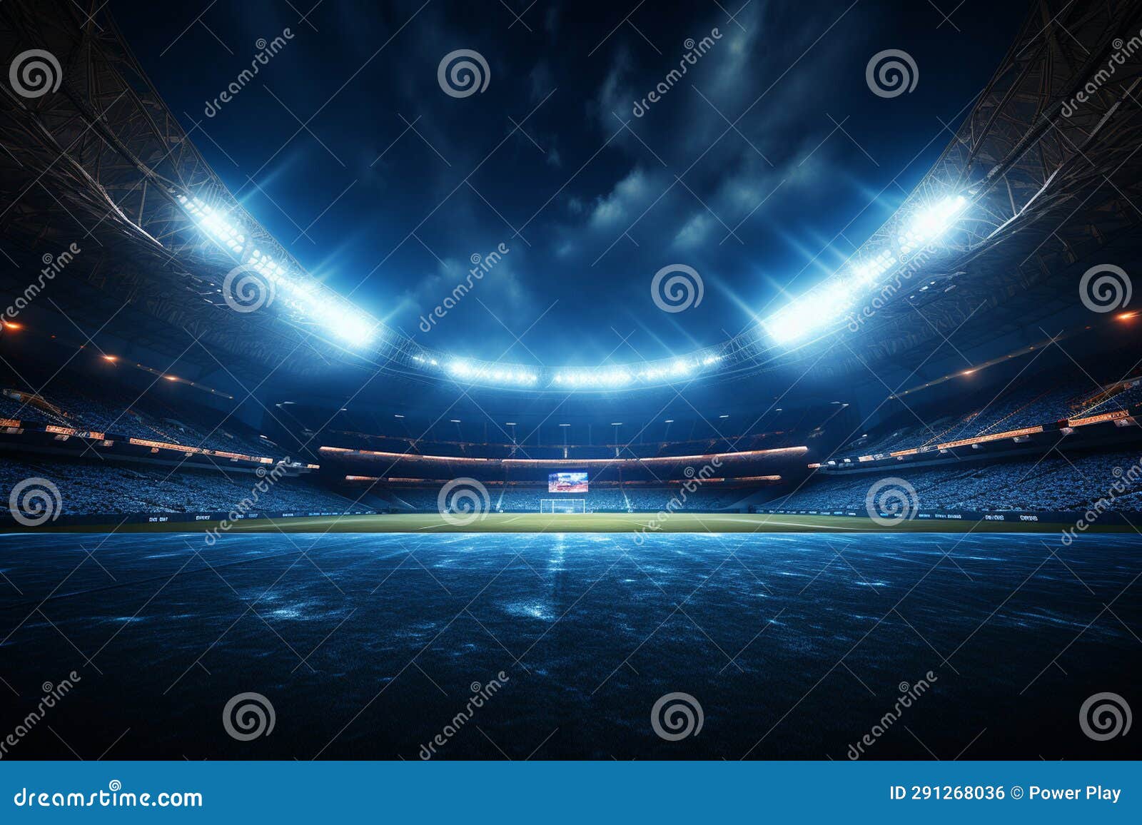 Soccer Stadium at Night with Lights and Flares. 3D Rendering Stock