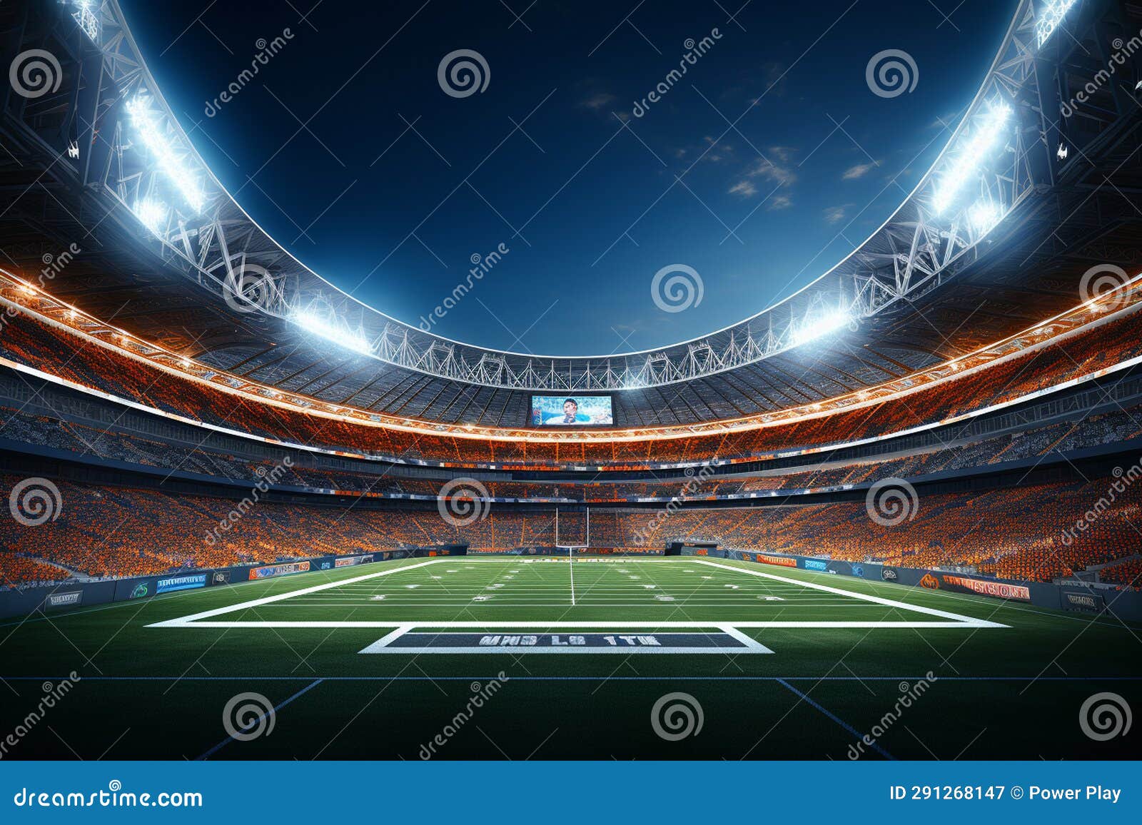 Soccer Stadium at Night with Lights and Flares. 3D Rendering Stock Illustration Illustration
