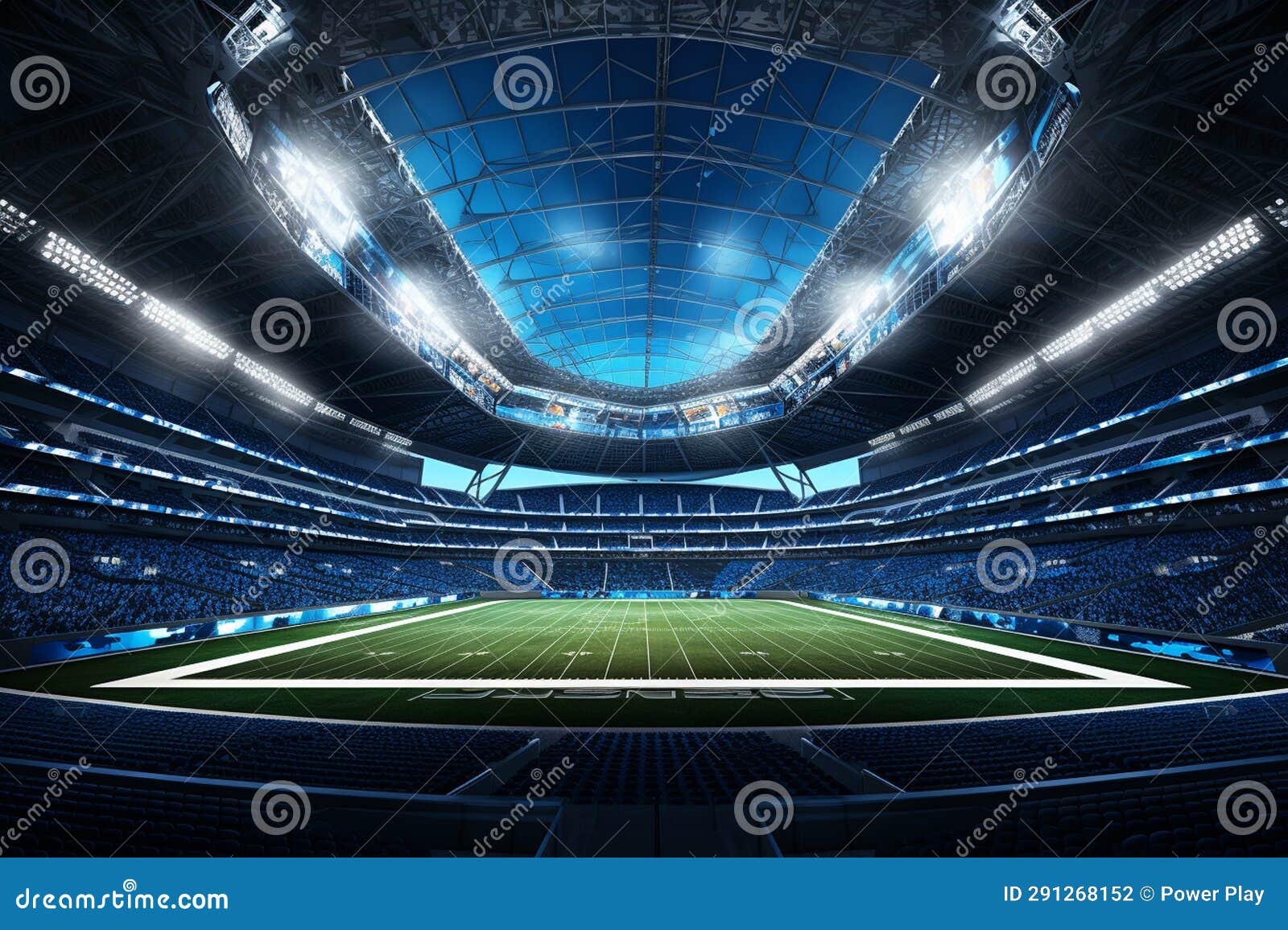 Soccer Stadium at Night with Lights and Flares. 3D Rendering Stock
