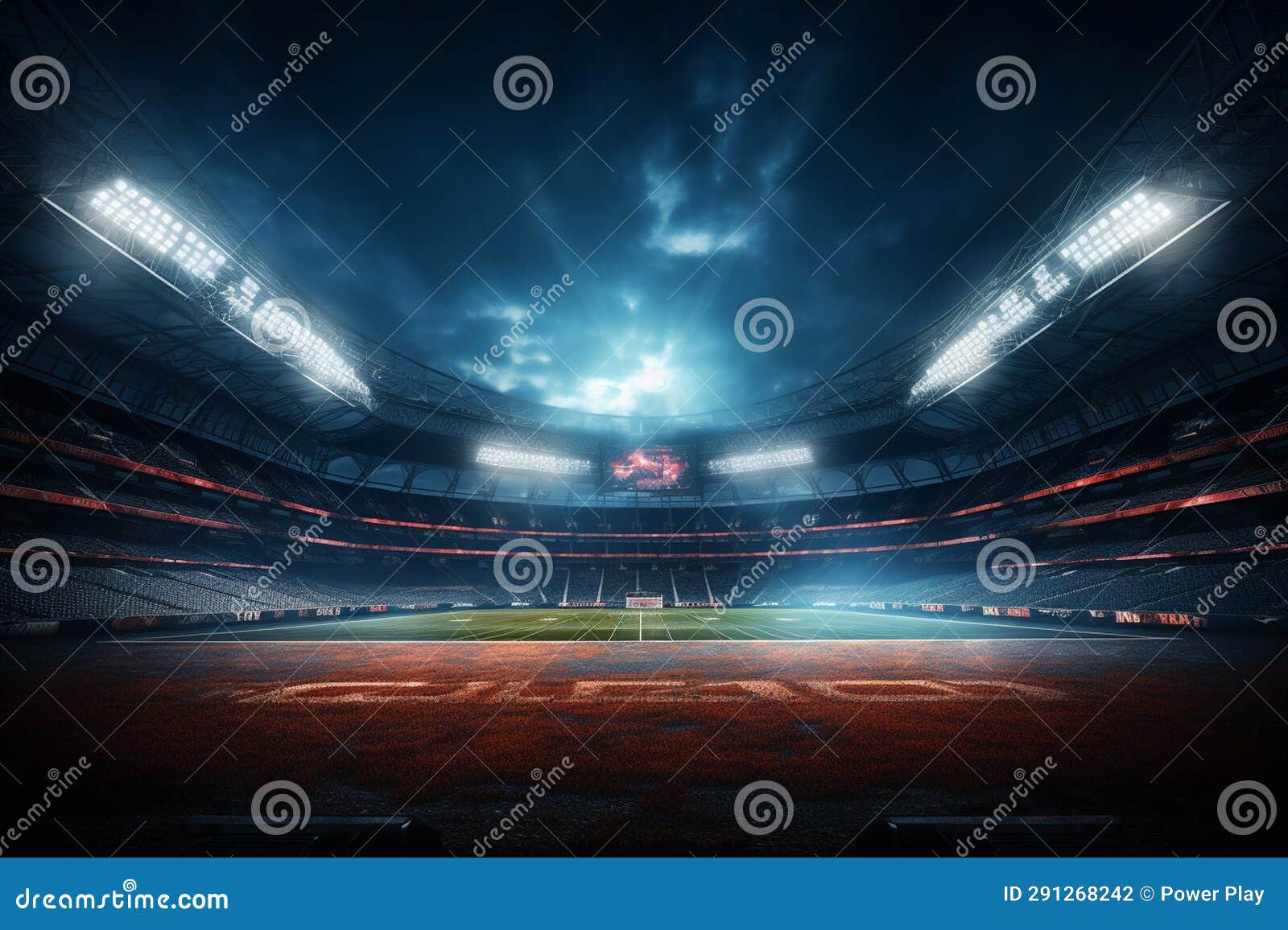 Soccer Stadium at Night with Lights and Flares. 3D Rendering Stock
