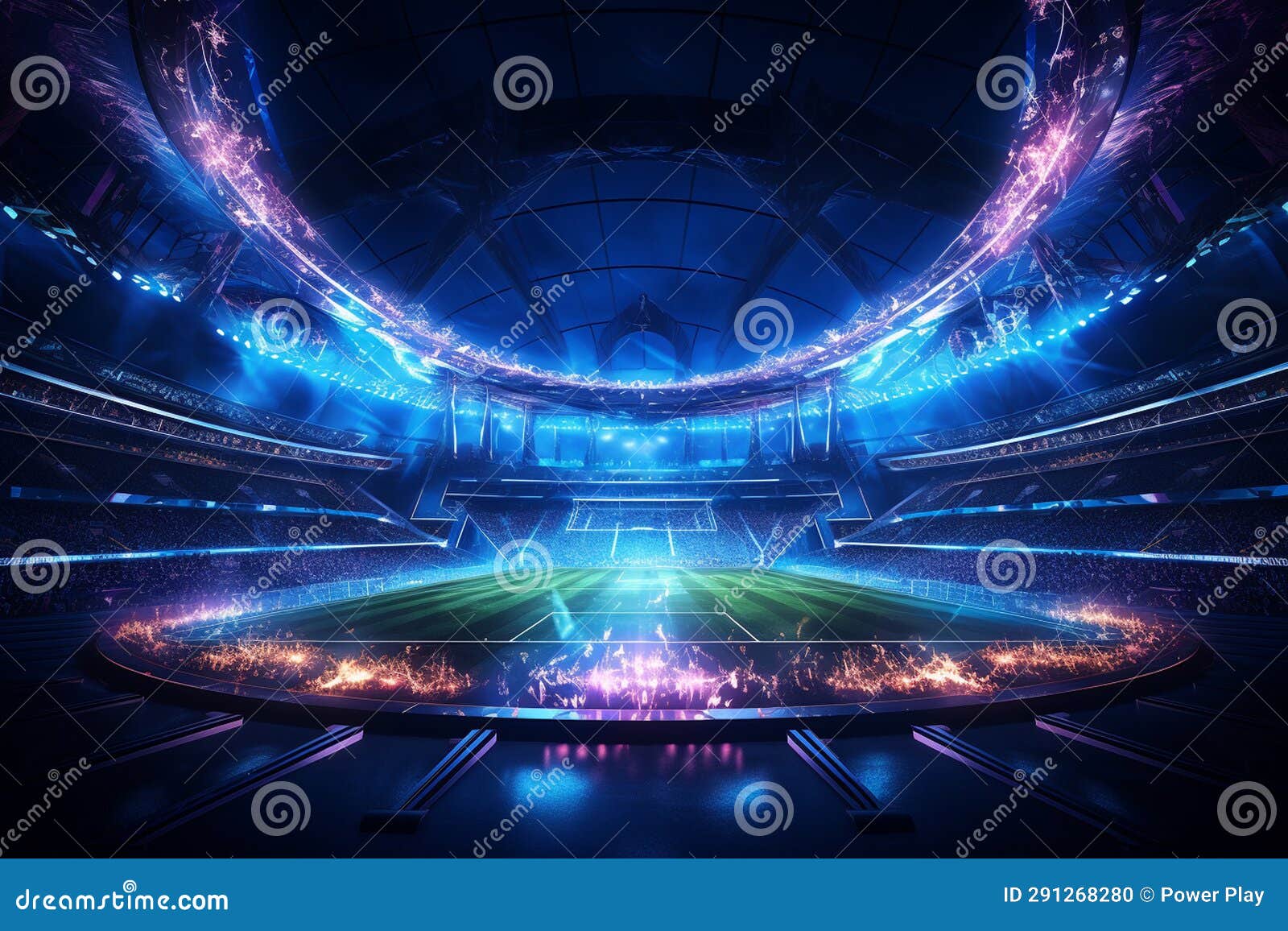 Soccer Stadium at Night with Lights and Flares. 3D Rendering Stock