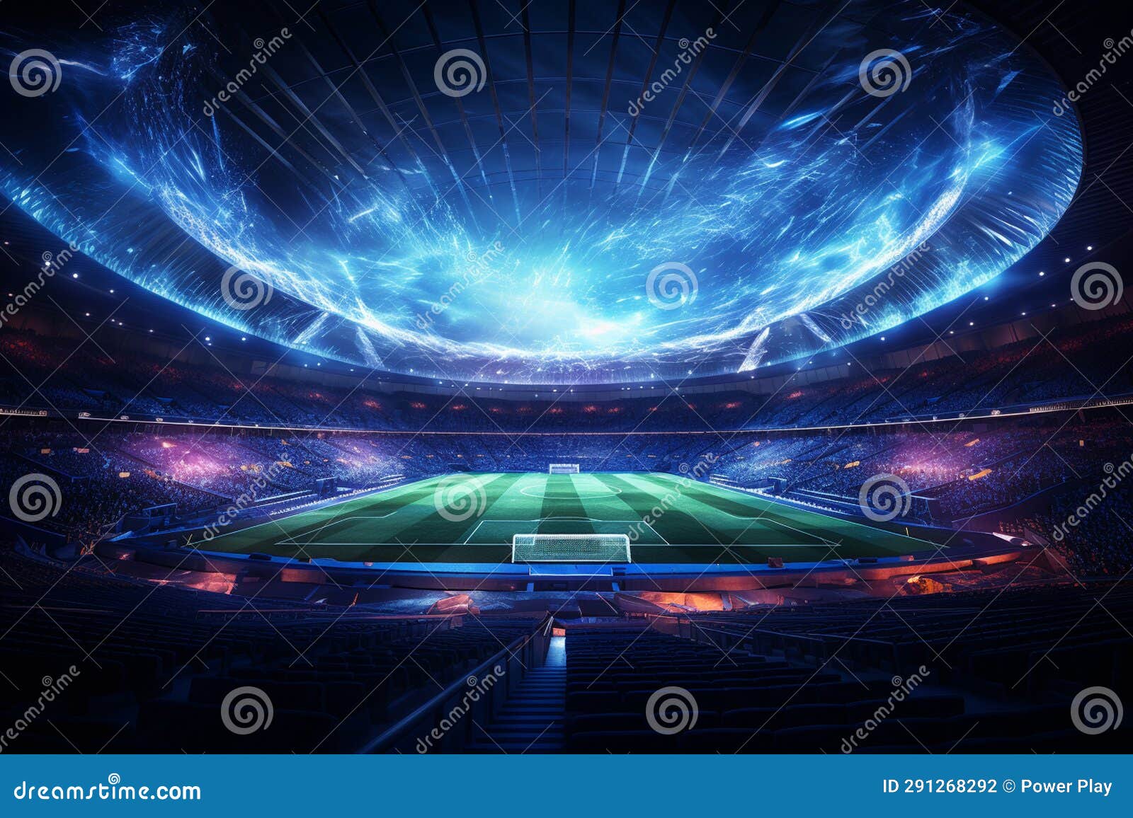 Soccer Stadium at Night with Lights and Flares. 3D Rendering Stock