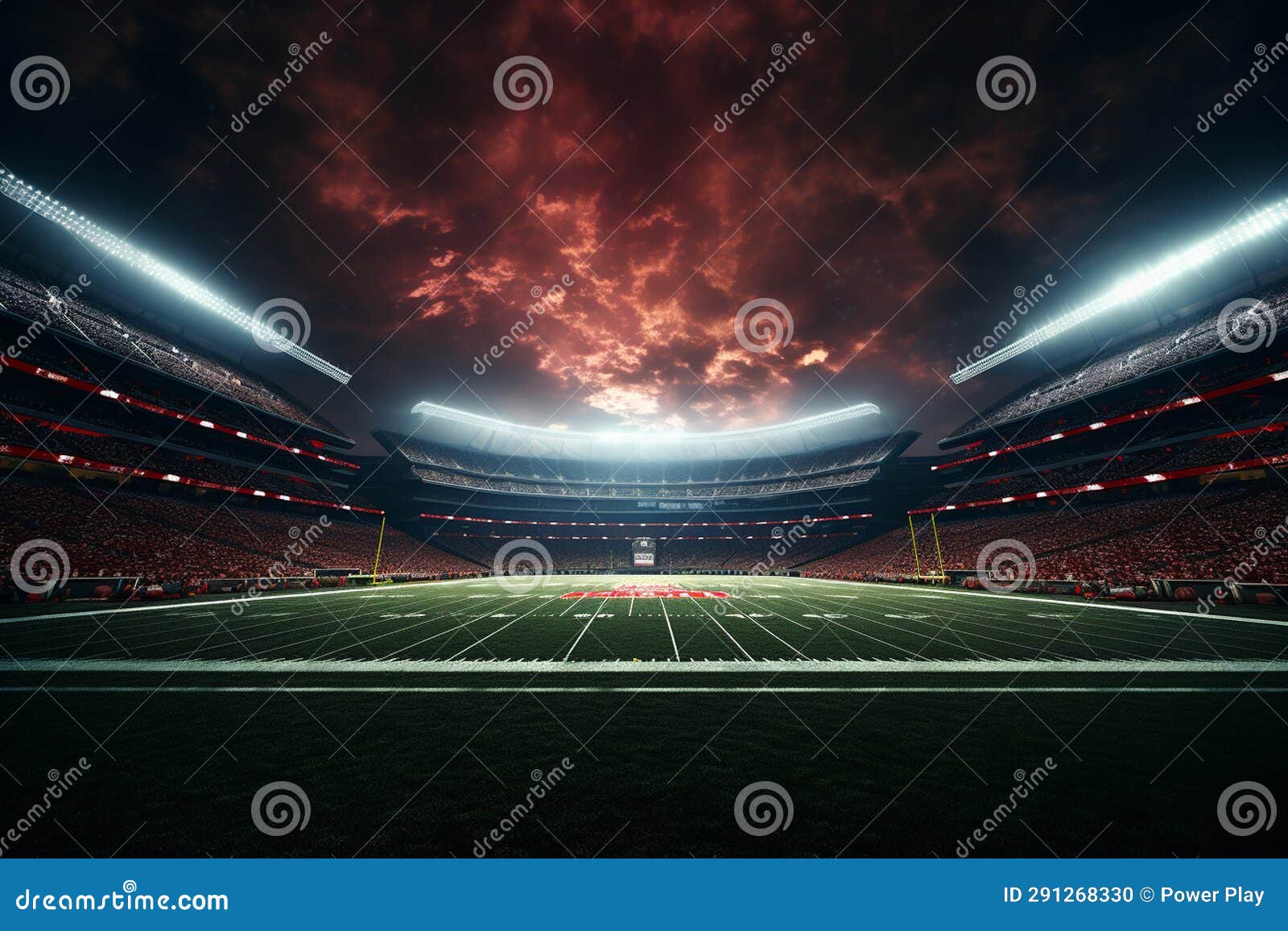 Soccer Stadium at Night with Lights and Flares. 3D Rendering Stock