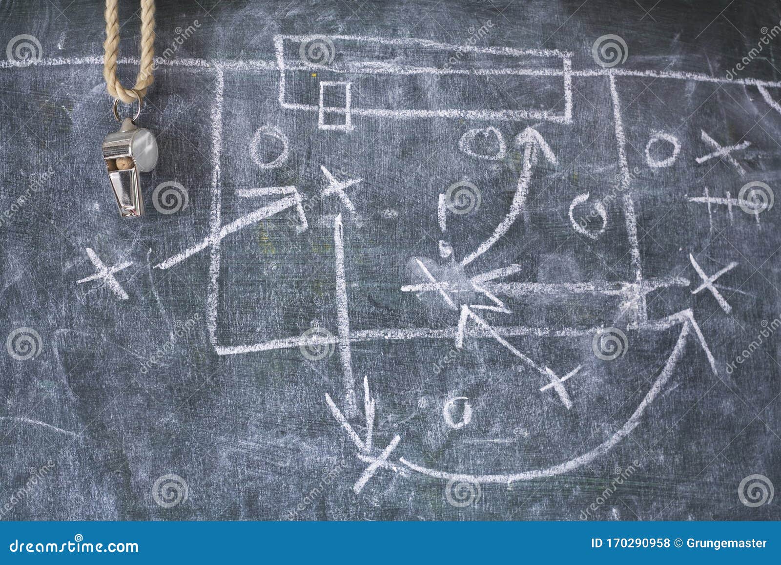soccer tactics diagram scribble and whistle of soccer or football referee on a black board, copy space