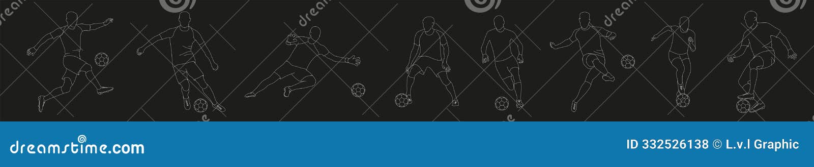 soccers running players with ball.  stock one line hand drawing   on black background for