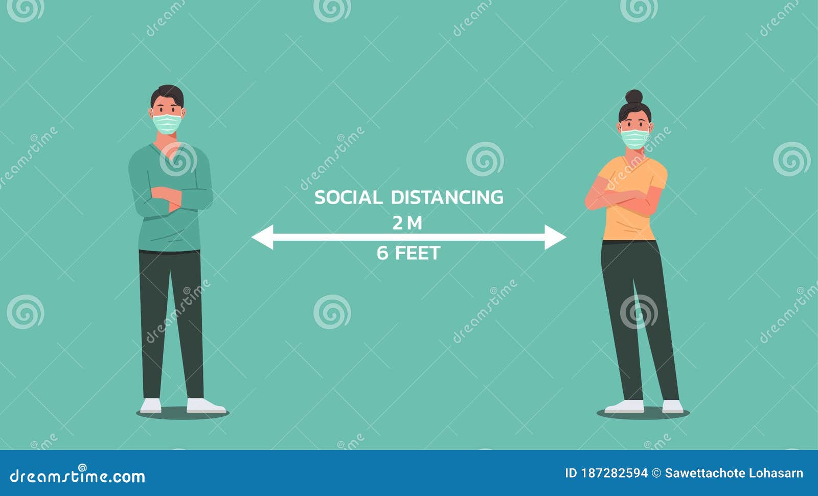 man and woman wear face mask and cross their arms standing together maintain social distancing