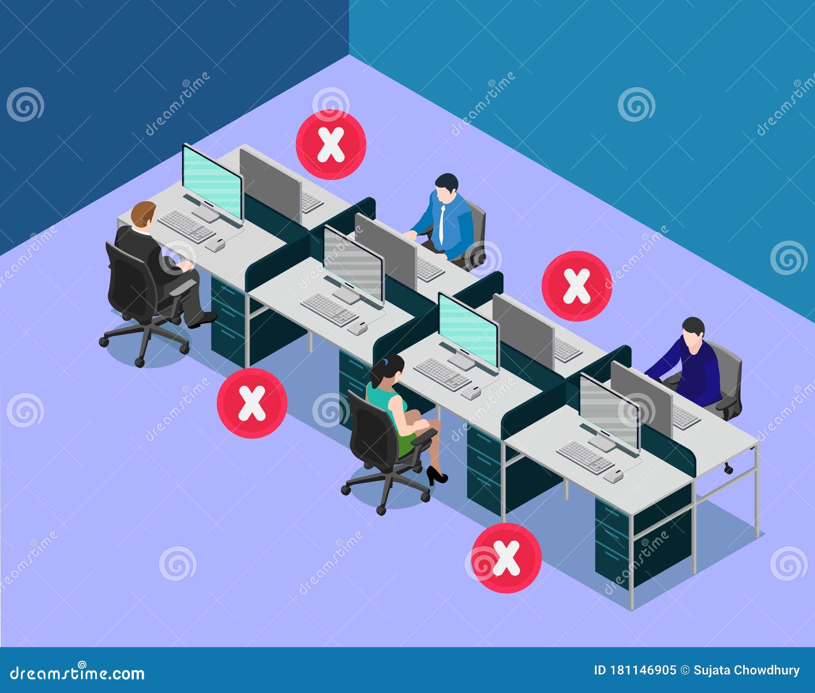 social distancing at office workstation. employees are maintain distance during work at workstation. safety awareness of covid-19