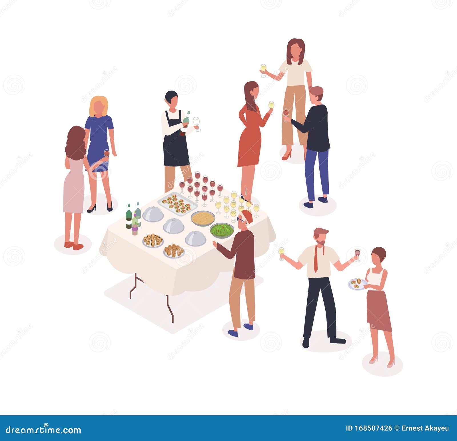 Social Event Isometric Vector Illustration Guests Drinking Wine Tasting Snacks At Banquet