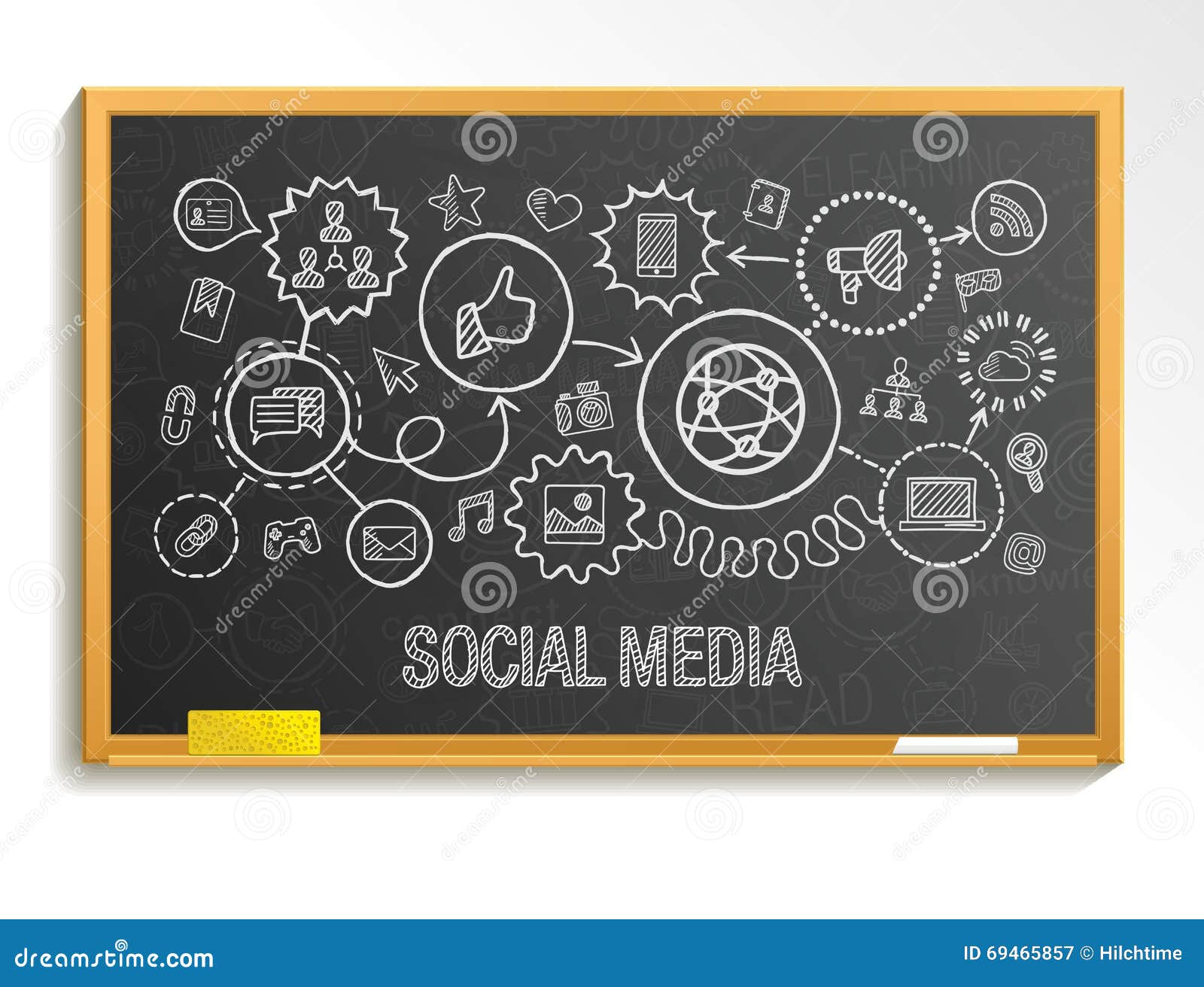 social media hand draw integrate icons set on school blackboard