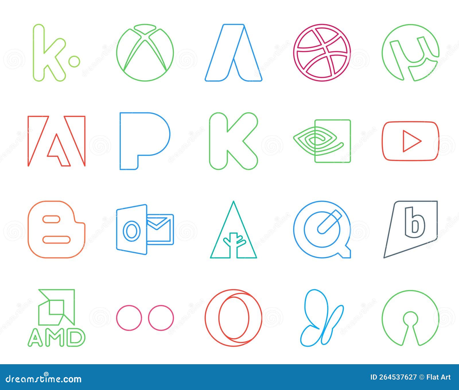 20 social media icon pack including flickr. brightkite. nvidia. quicktime. outlook