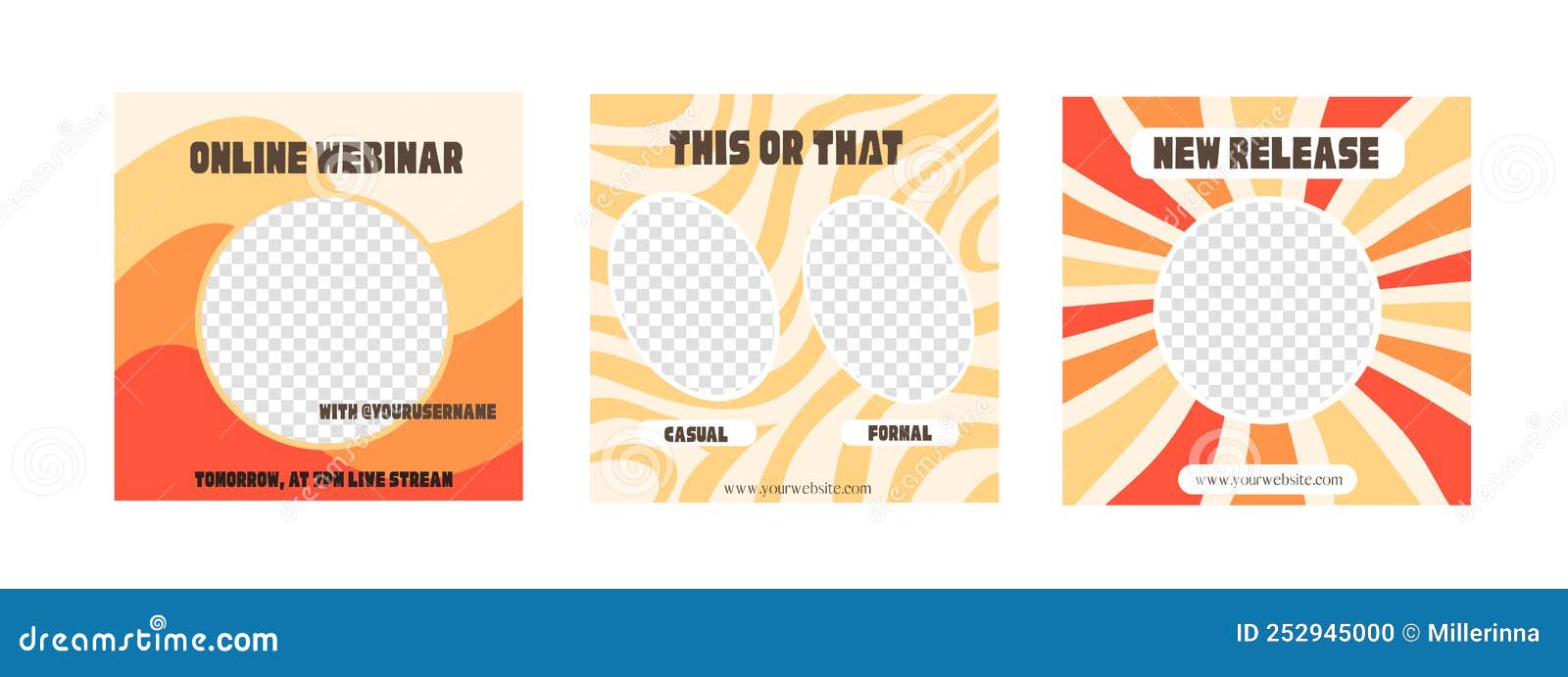 social media ig post template with funky nostalgic frames. retro 60s 70s aesthetic backdrop. vintage wavy distorted