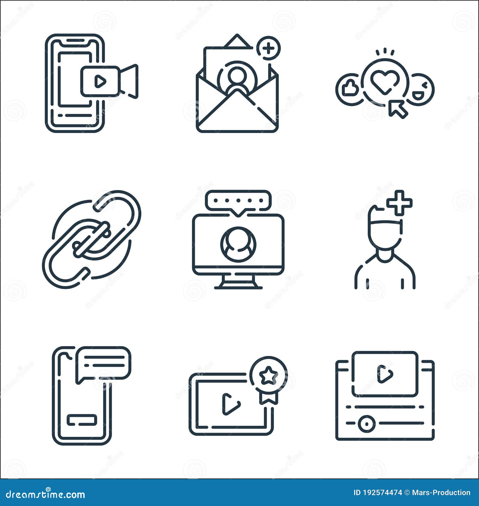 social media line icons. linear set. quality  line set such as video player, video player, smartphone, user, monitor, link,