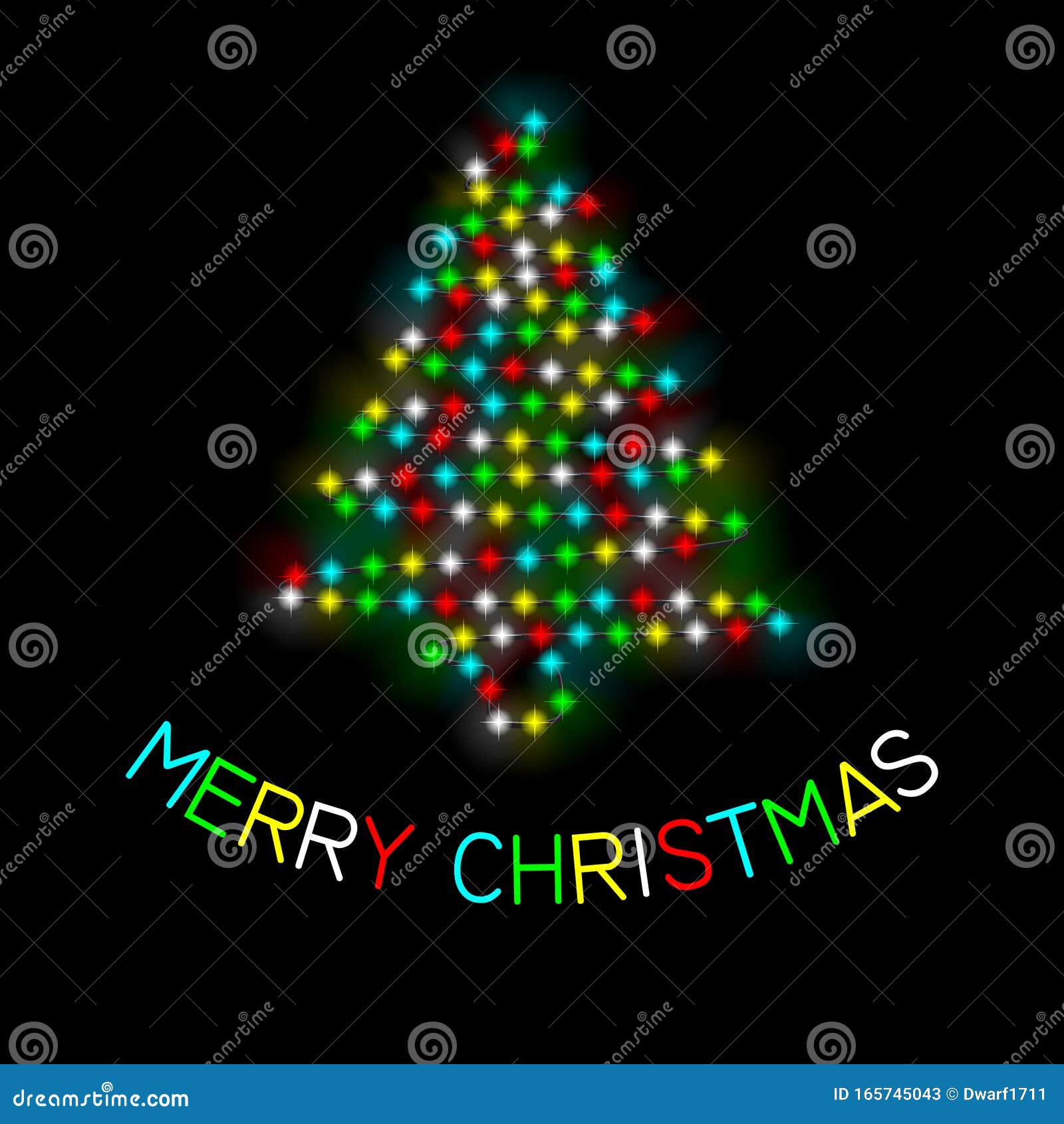 Social network post or square banner vector template with colored lights in the form of Christmas tree and colored Merry Christmas lettering on black background.