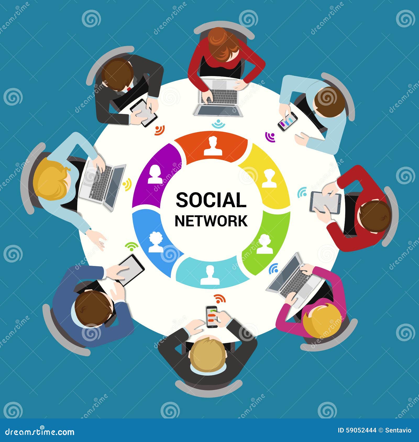 Social Network Usage Flat Vector Concept Staff Around Table Stock