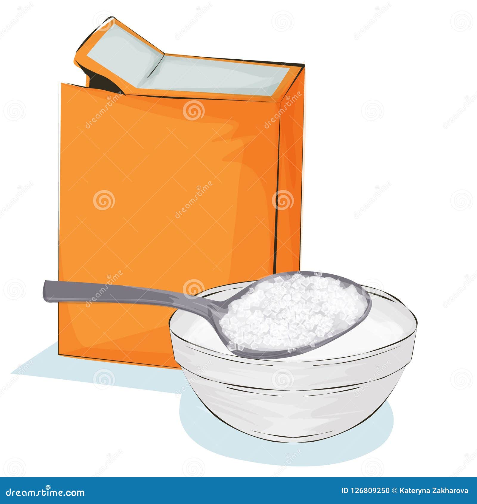 Soda In A Craft Paper Bag And Spoon, Baking Ingredient Illustration On