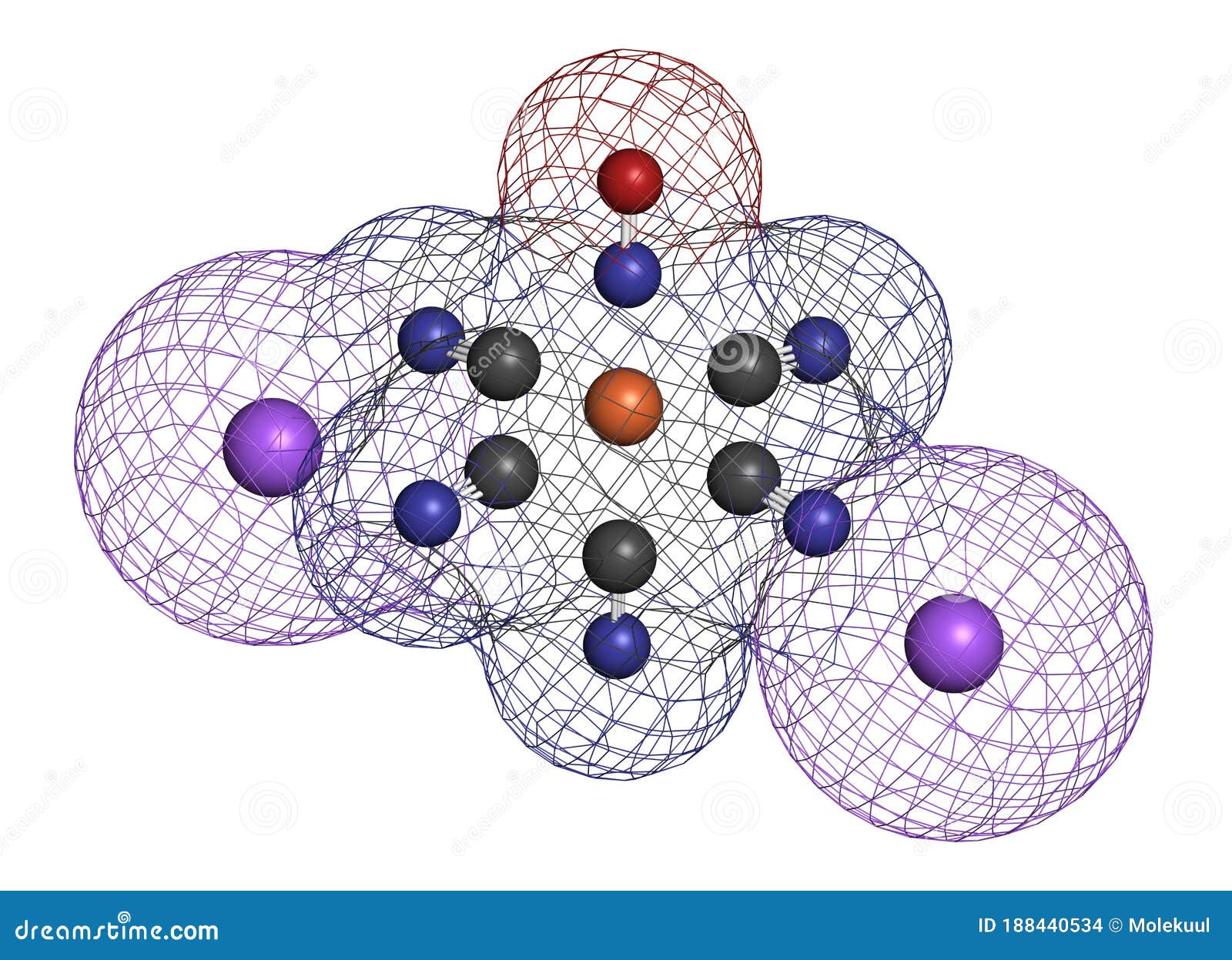 sodium nitroprusside (snp) antihypertensive drug molecule. atoms are represented as spheres with conventional color coding: carbon
