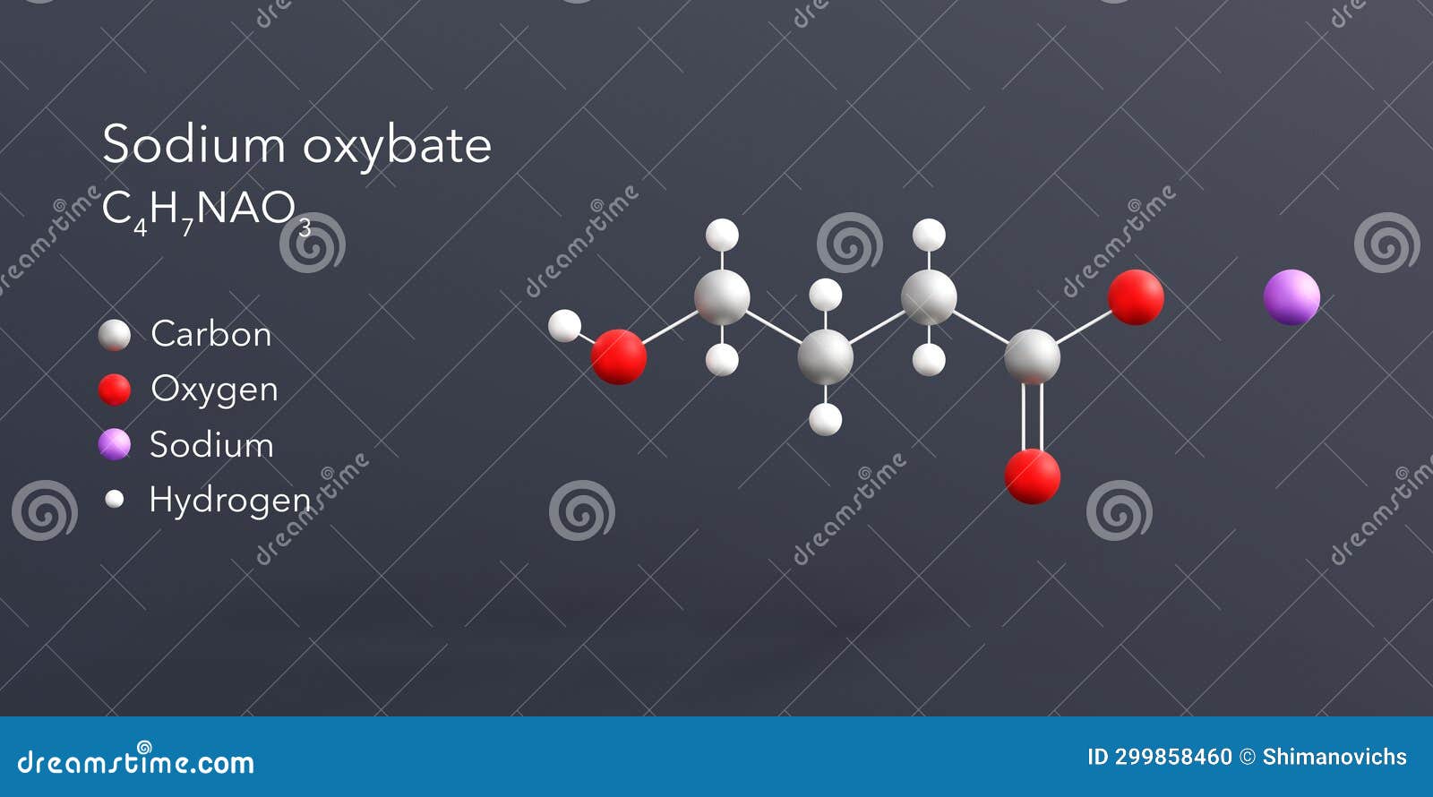 sodium oxybate molecule 3d rendering, flat molecular structure with chemical formula and atoms color coding