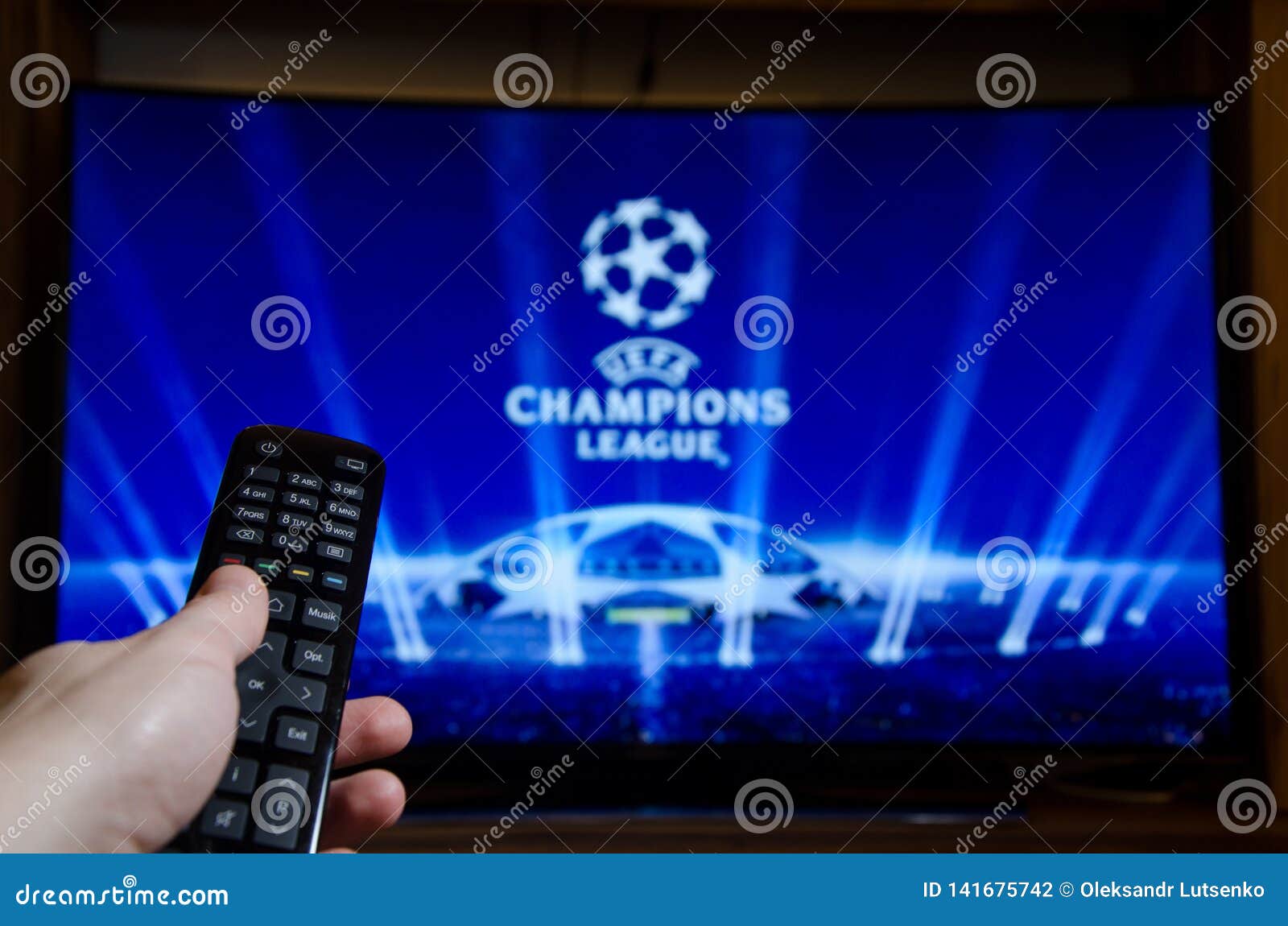 Soest, Germany - January 14, 2018 Man Watching UEFA Champions League on TV