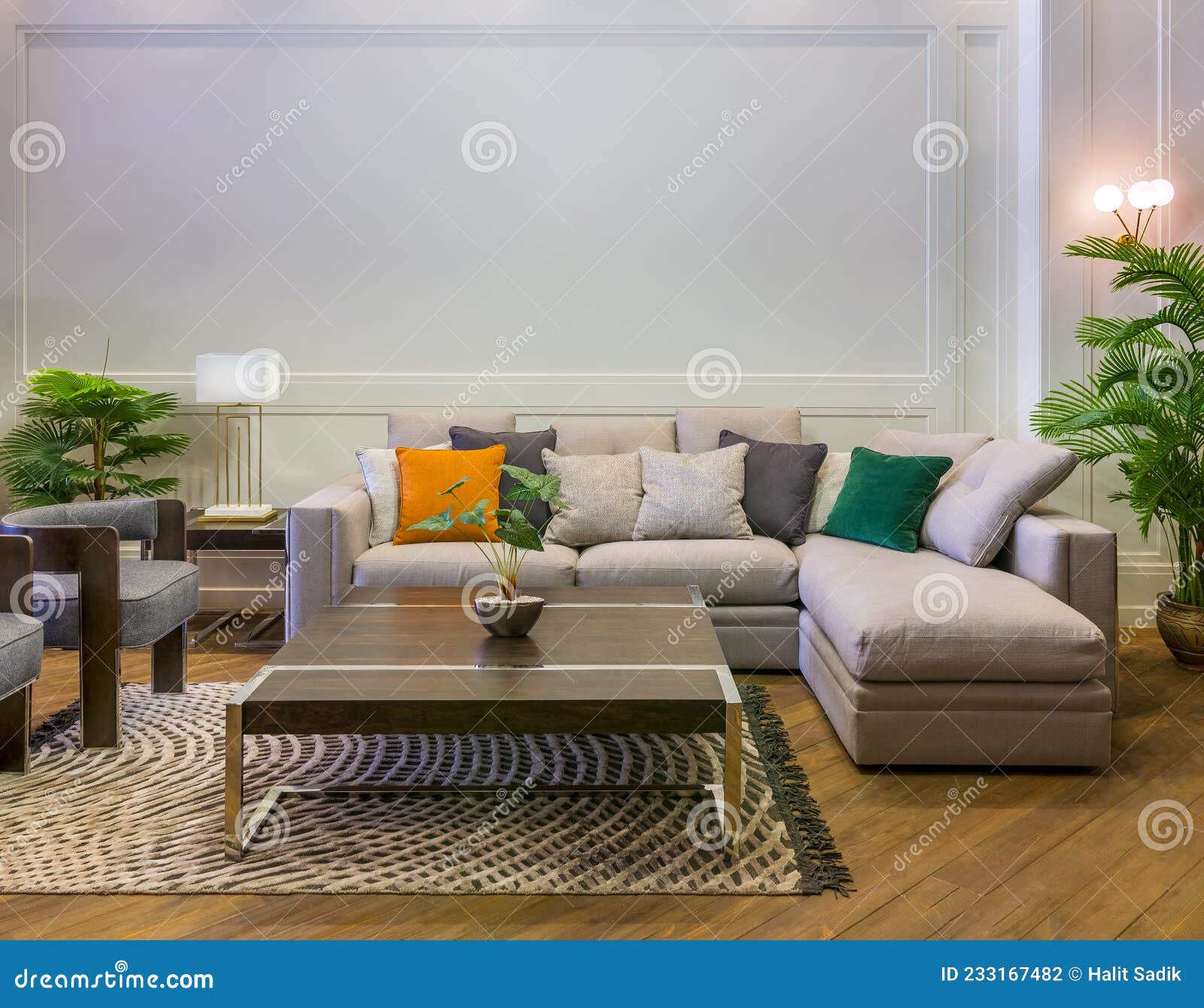 Sala de estar moderna, sofá con cojines coloridos y maqueta de dos marcos