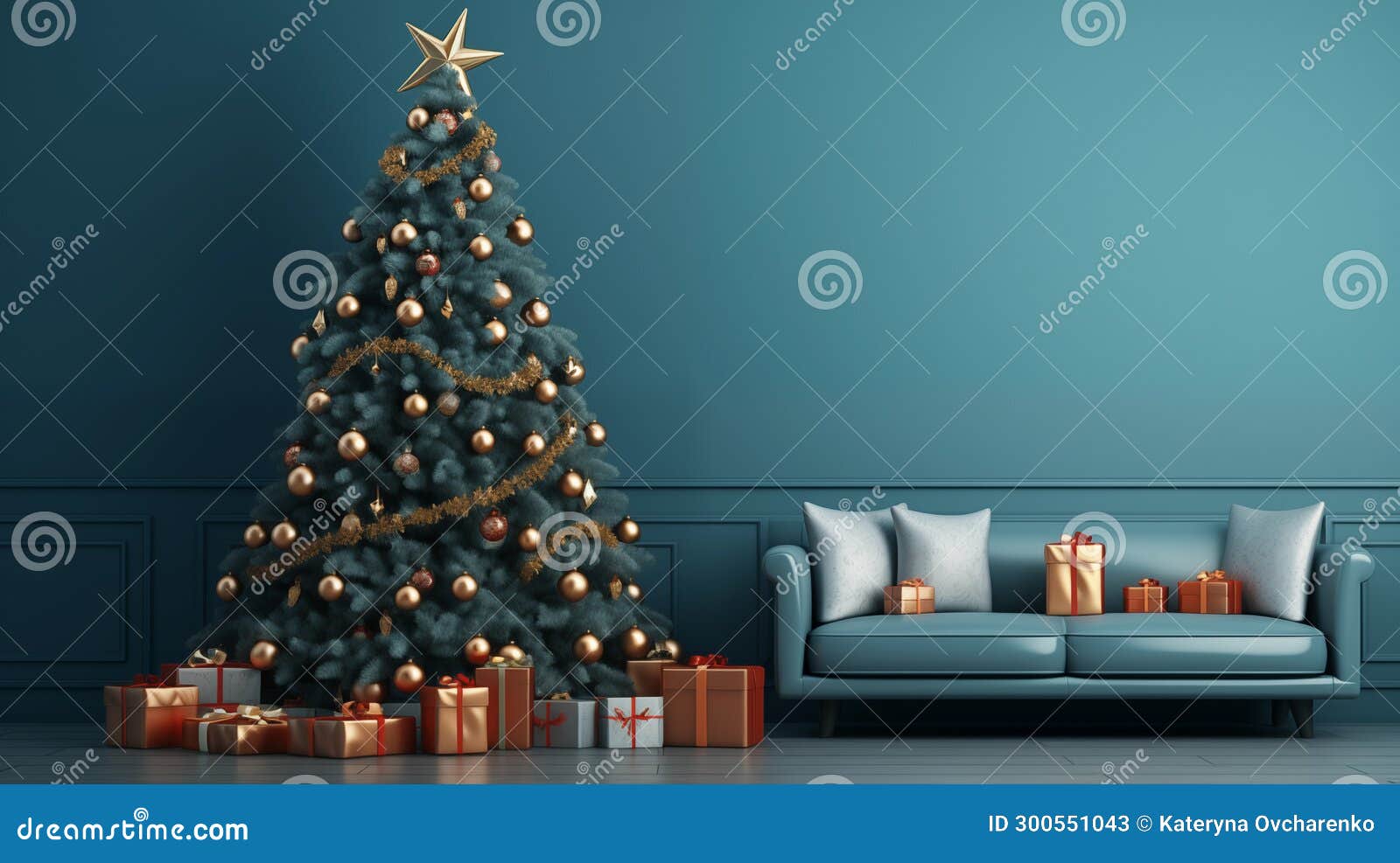 a sofa with christmas presents and an ornamental christmas tree near it