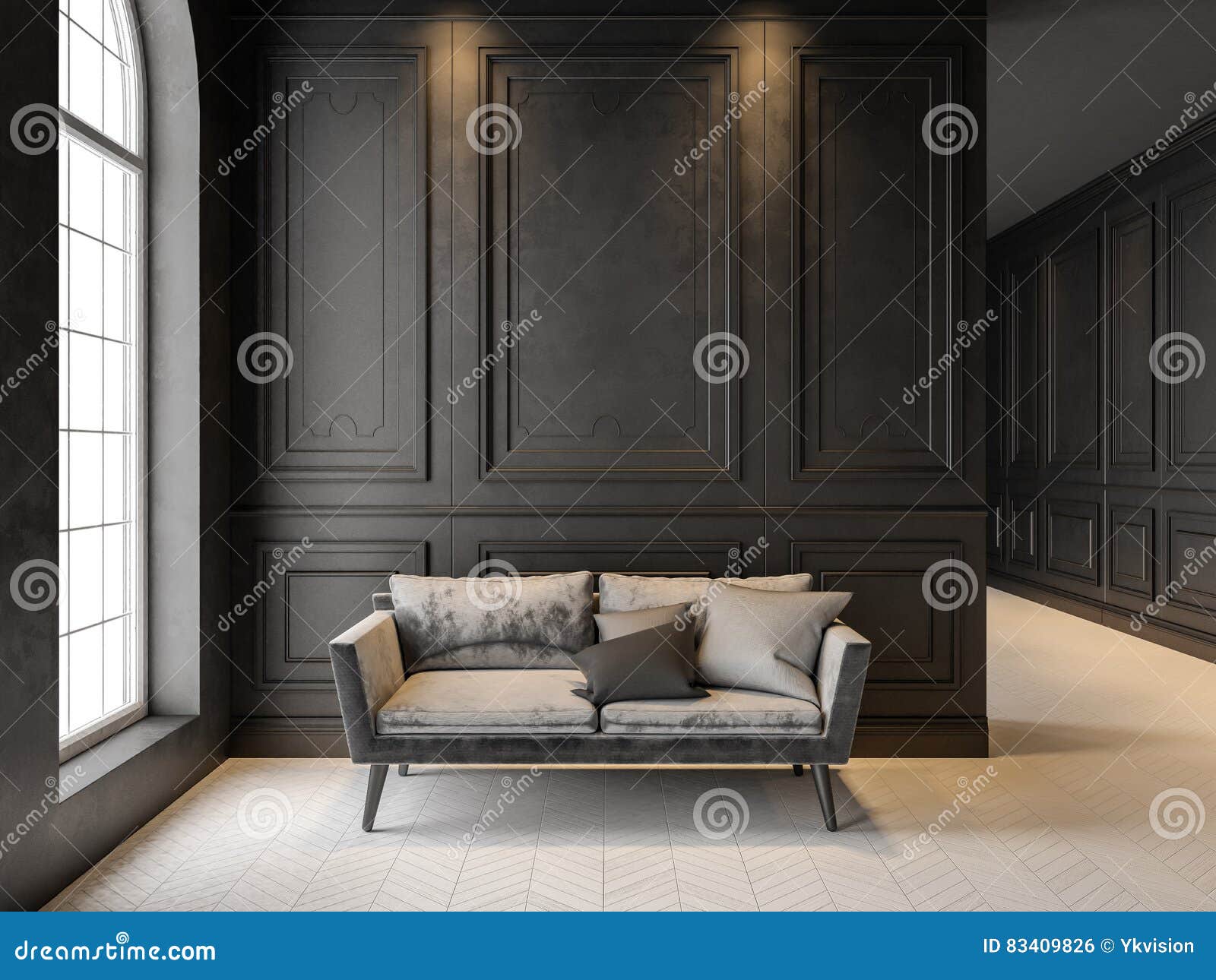 sofa in classic black interior. 3d render mock up.