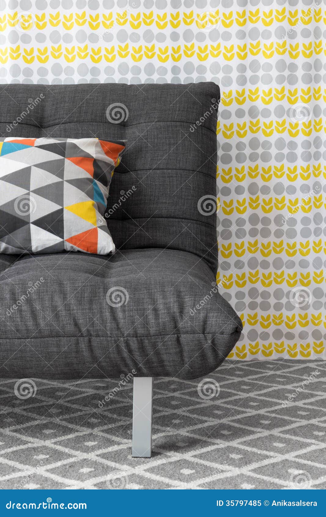 Sofa with colorful cushion stock image. Image of gray 35797485