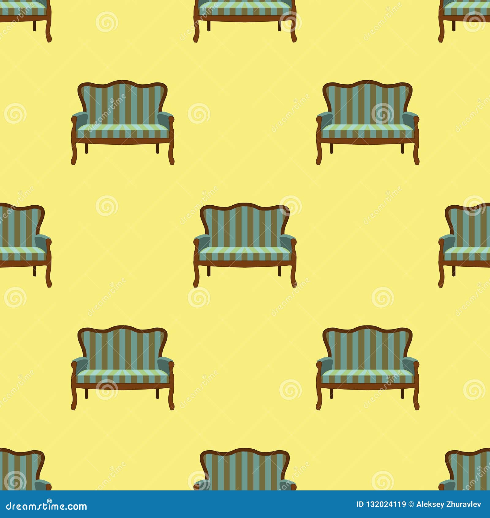 Sofa Doodle Seamless Pattern on Yellow Background Vector Illustration