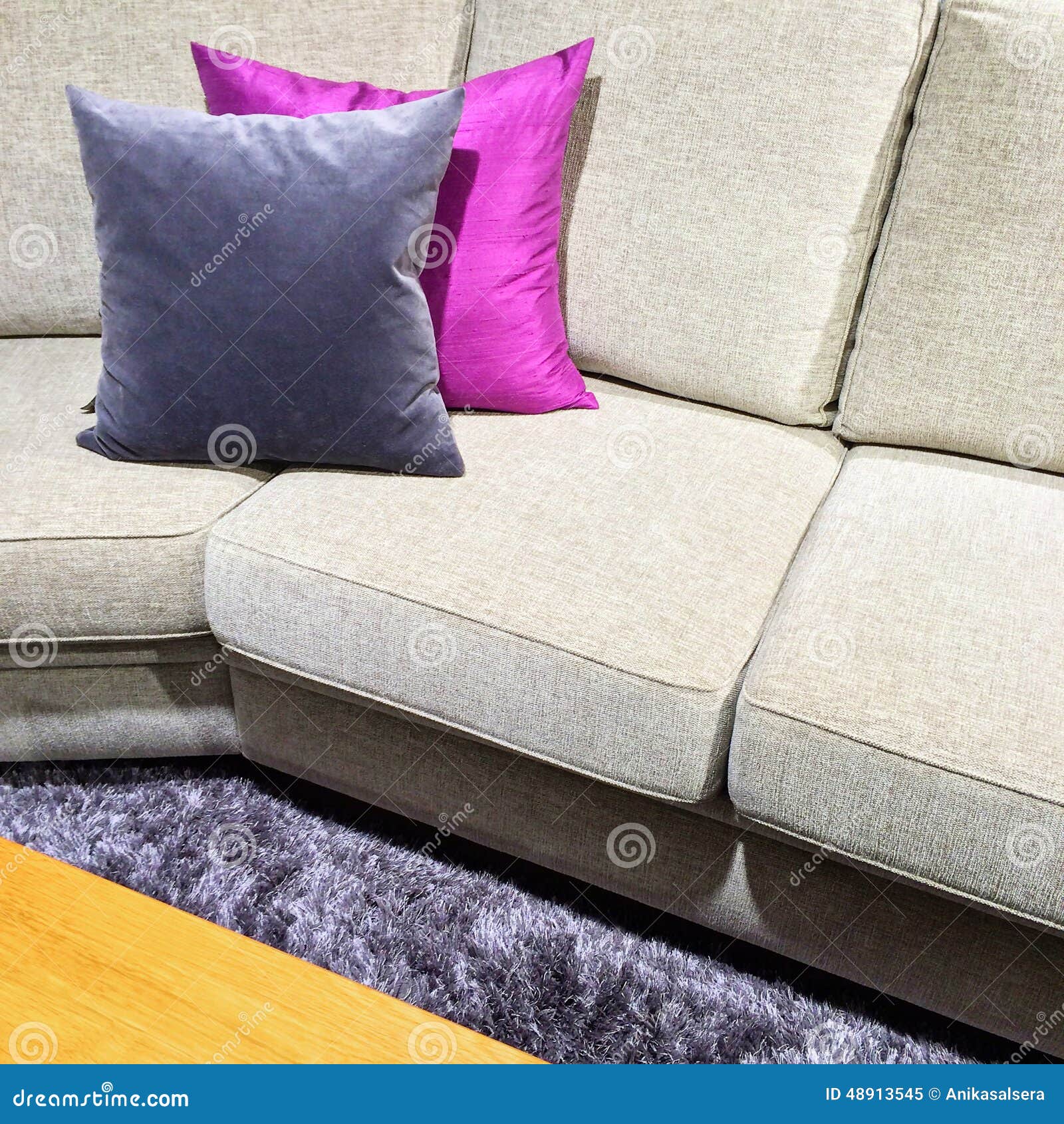 Sofa with Purple Cushions on a Fluffy Carpet Stock Image Image of