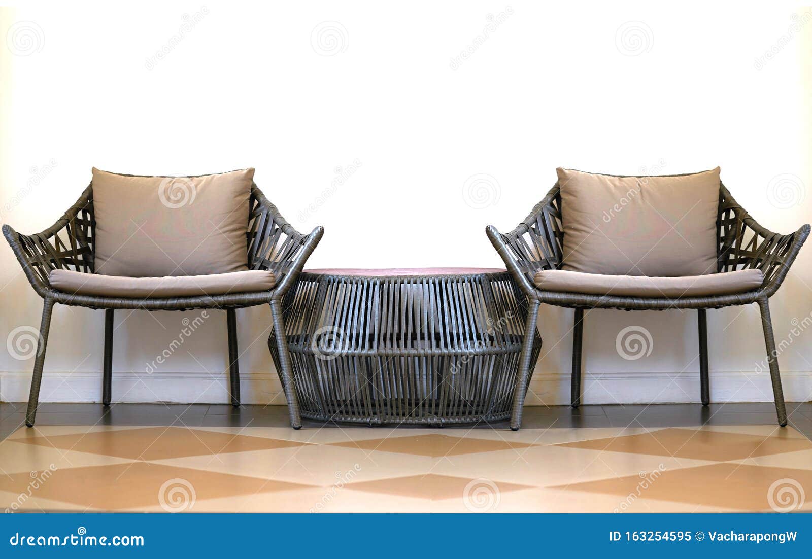 Sofa Set of Bamboo Chairs and Short Table on Floor in Comfortable Rest