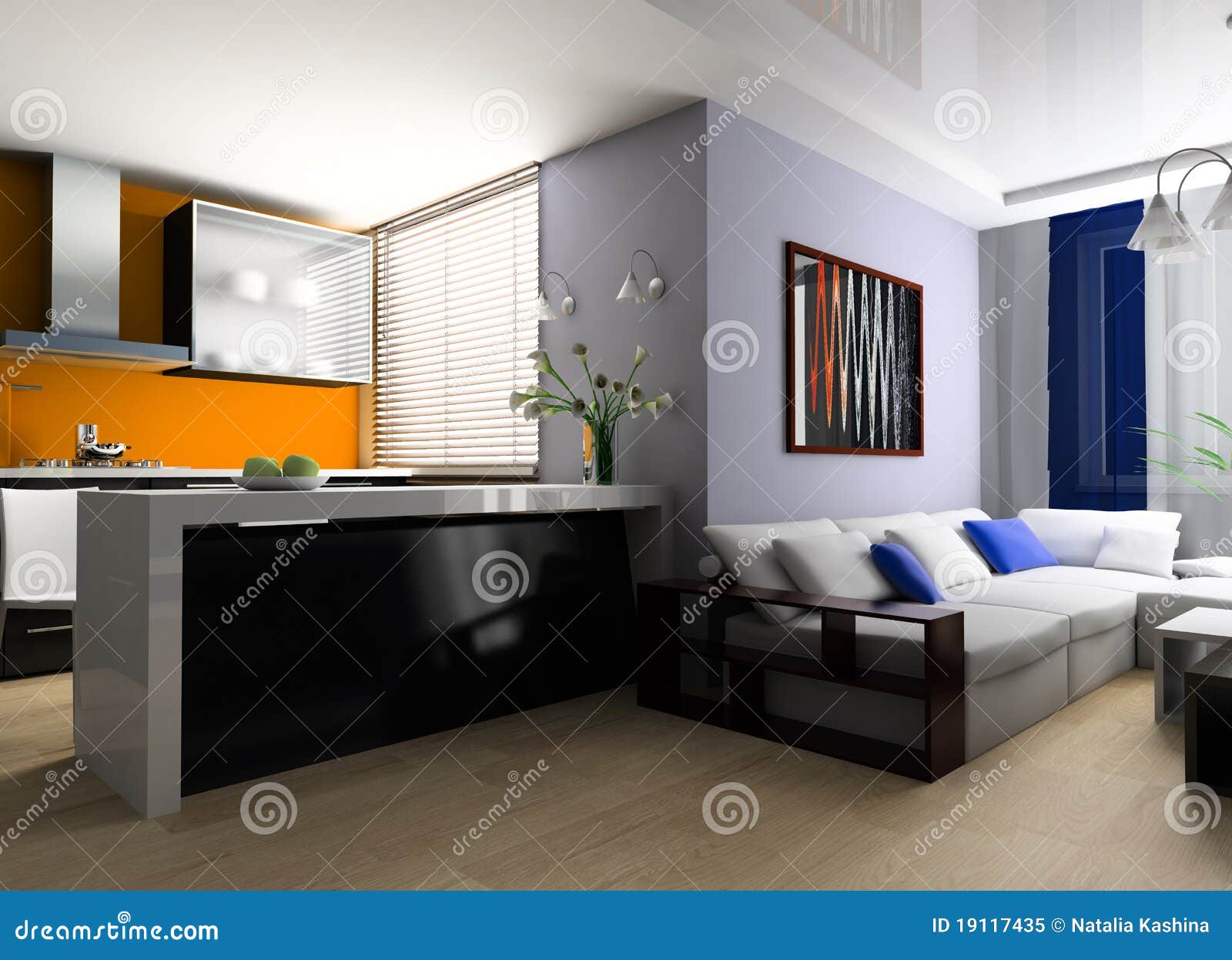 Sofa in studio apartment stock illustration. Illustration of blue