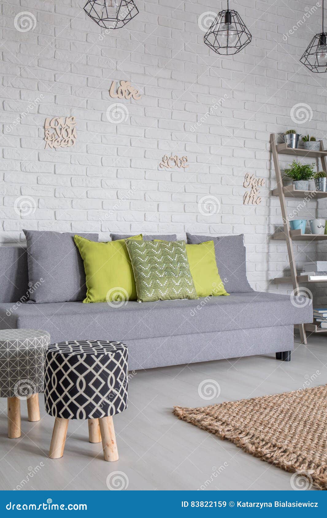 Sofa and Upholstered Stools Stock Image Image of design, bookcase