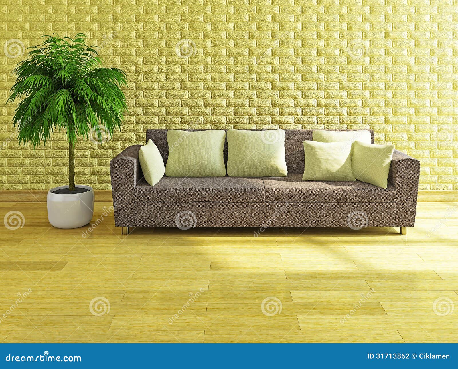 Sofa with yellow pillows stock illustration. Illustration of domestic