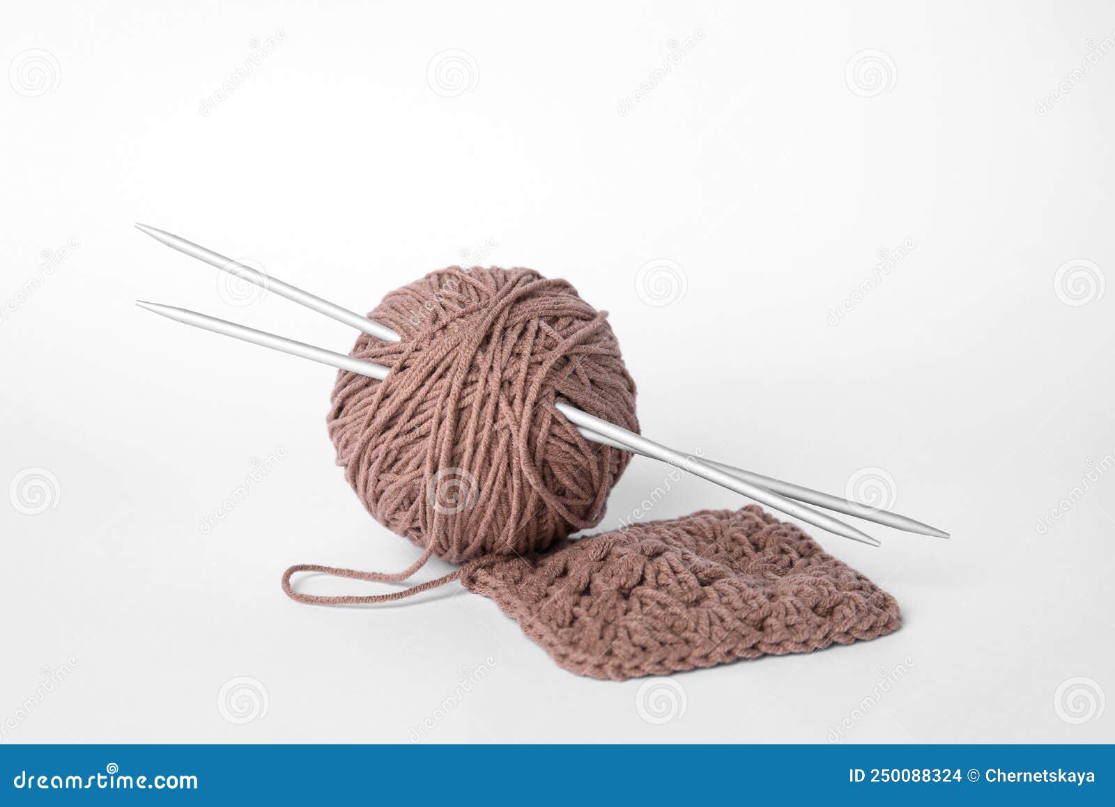 Soft Brown Woolen Yarn, Knitting and Metal Needles on White Background ...