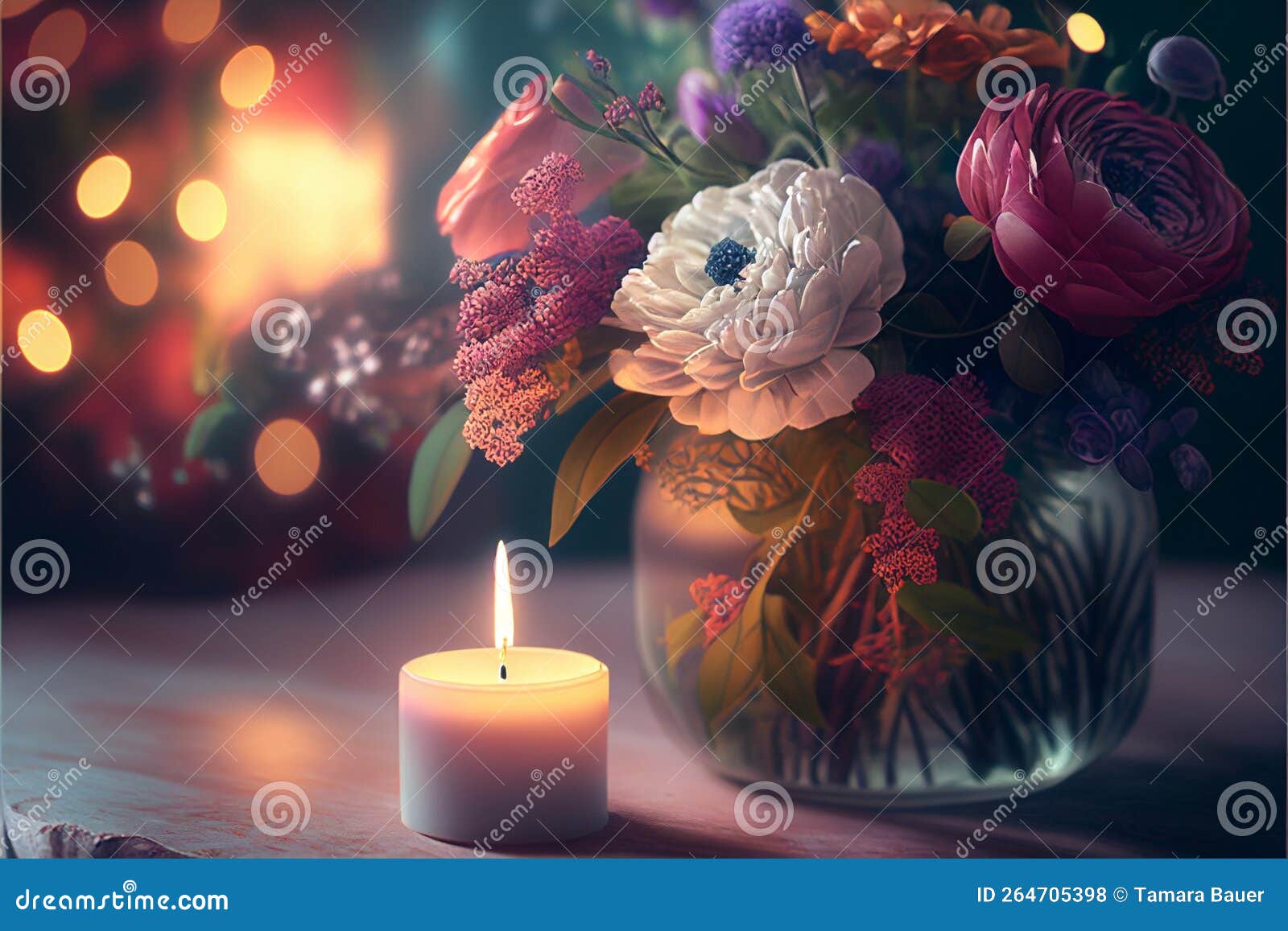 soft candlelight next to a vase of gorgeous flowers