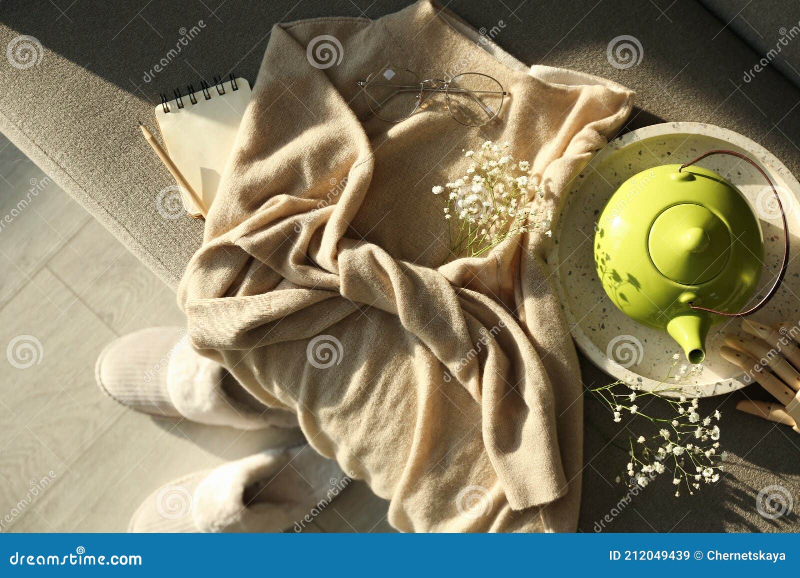 Soft Cashmere Sweater, Tea Pot and Flowers on Sofa, Flat Lay Stock ...