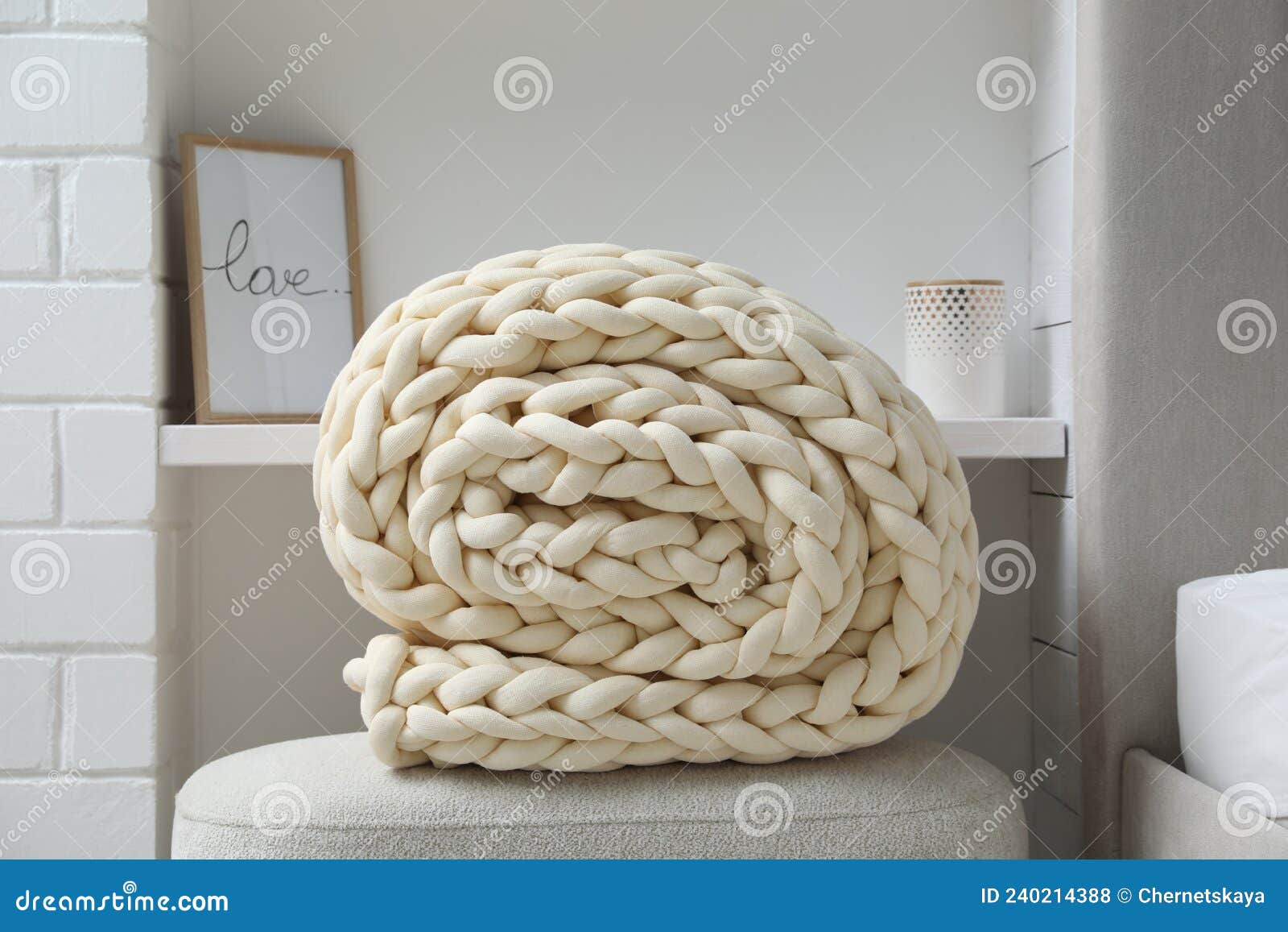 Soft Chunky Knit Blanket on Ottoman Indoors Stock Photo Image of home