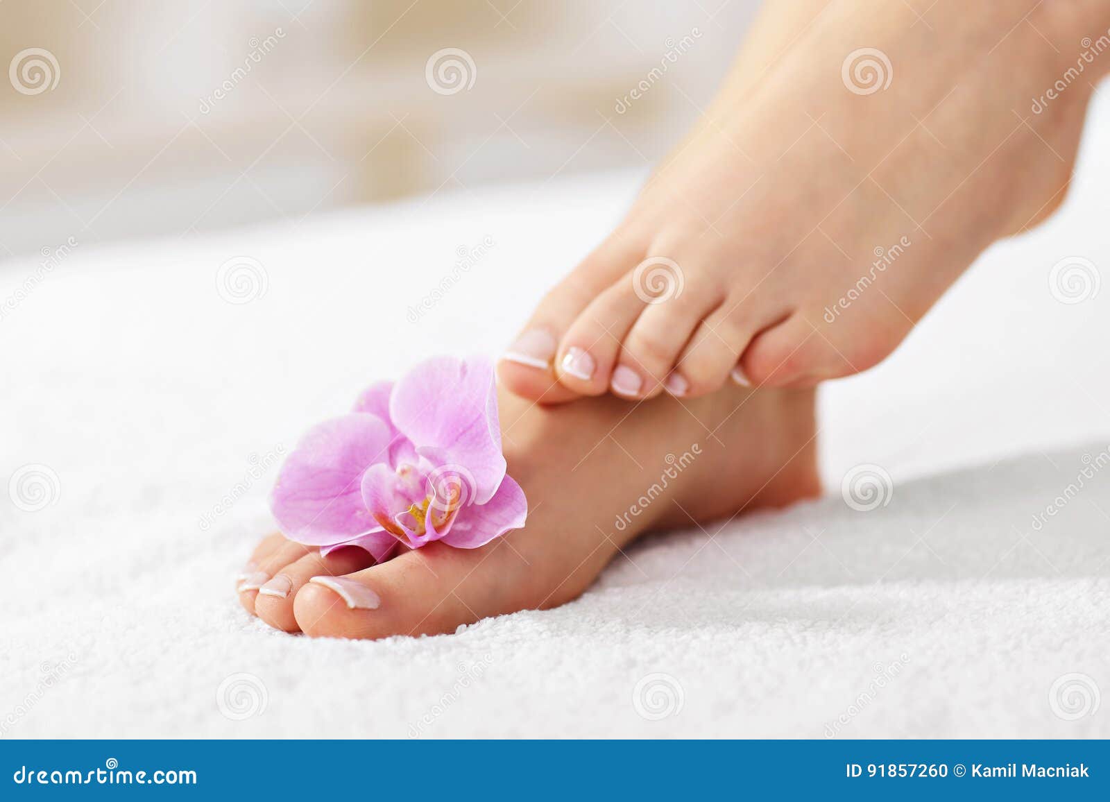 Soft Female Feet with French Pedicure and Flowers Close Up Stock Photo ...