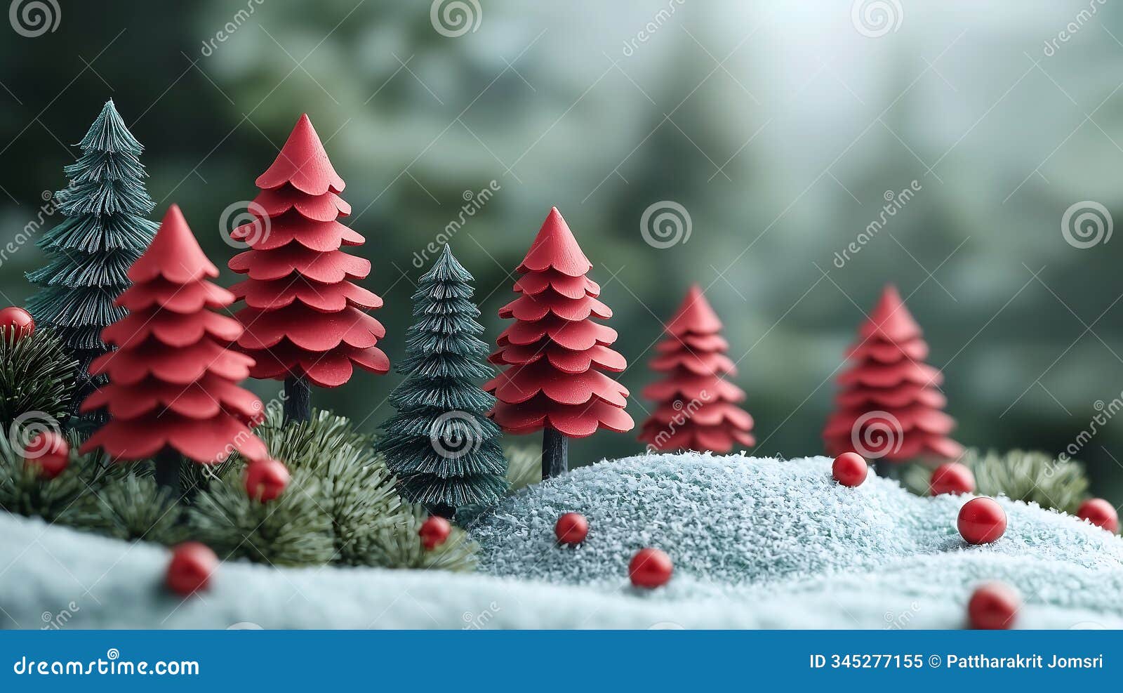 soft festive colors with abstract growth s create serene winter landscape featuring red and green trees, snow, and