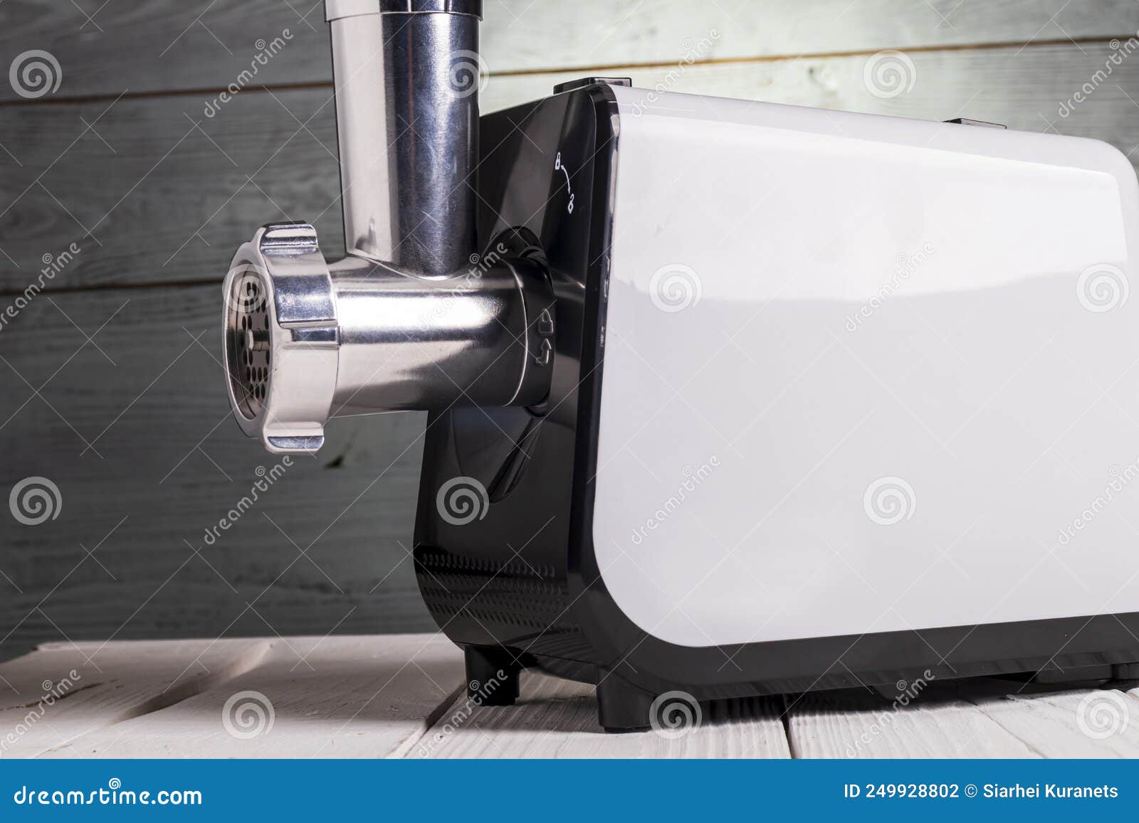 Soft Focus. Electric Meat Grinder Its Components Lie Side by Side Stock