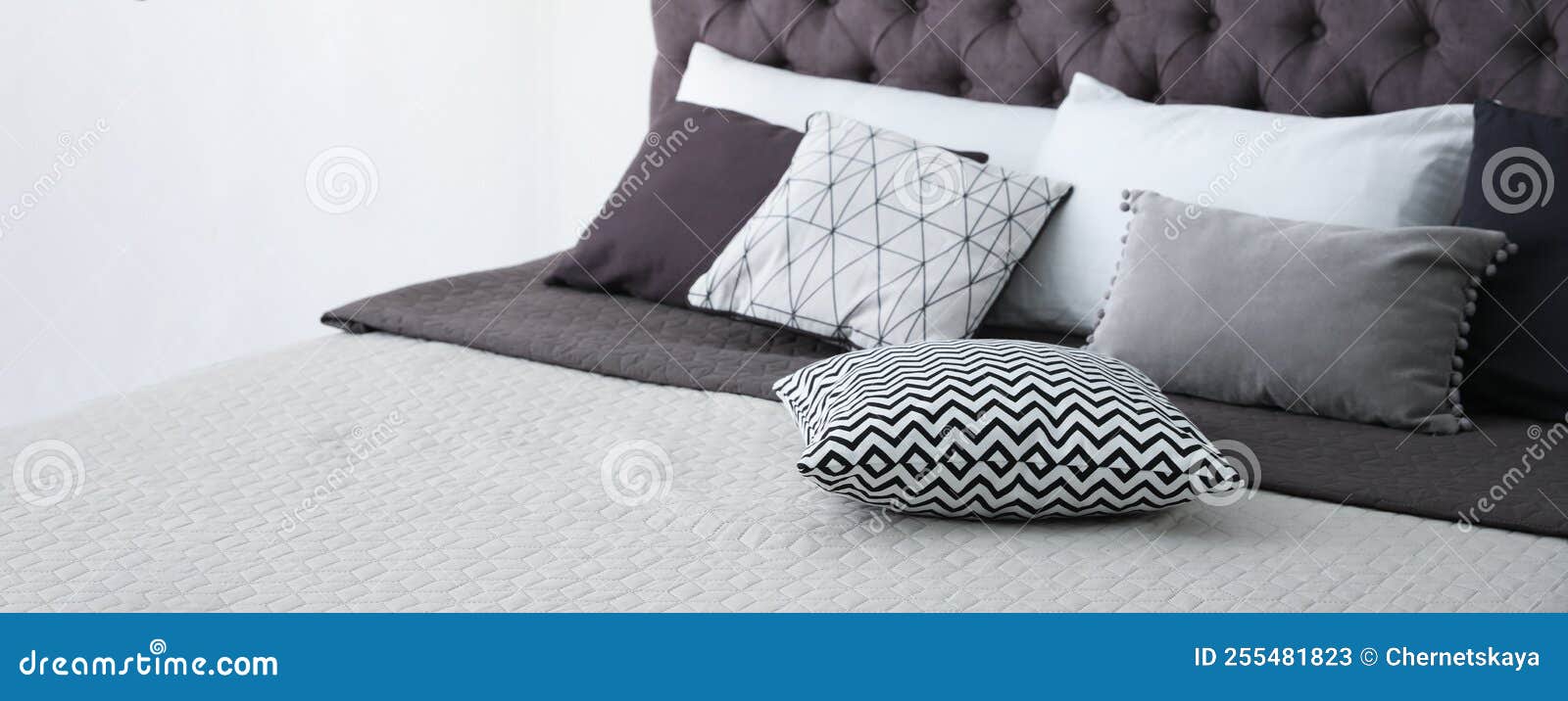 Soft Pillows on Stylish Bed in Room. Banner Design Stock Image Image