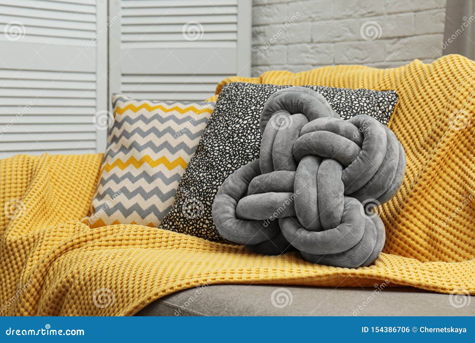 Soft Pillows and Yellow Plaid on Sofa in Living Stock Photo Image of