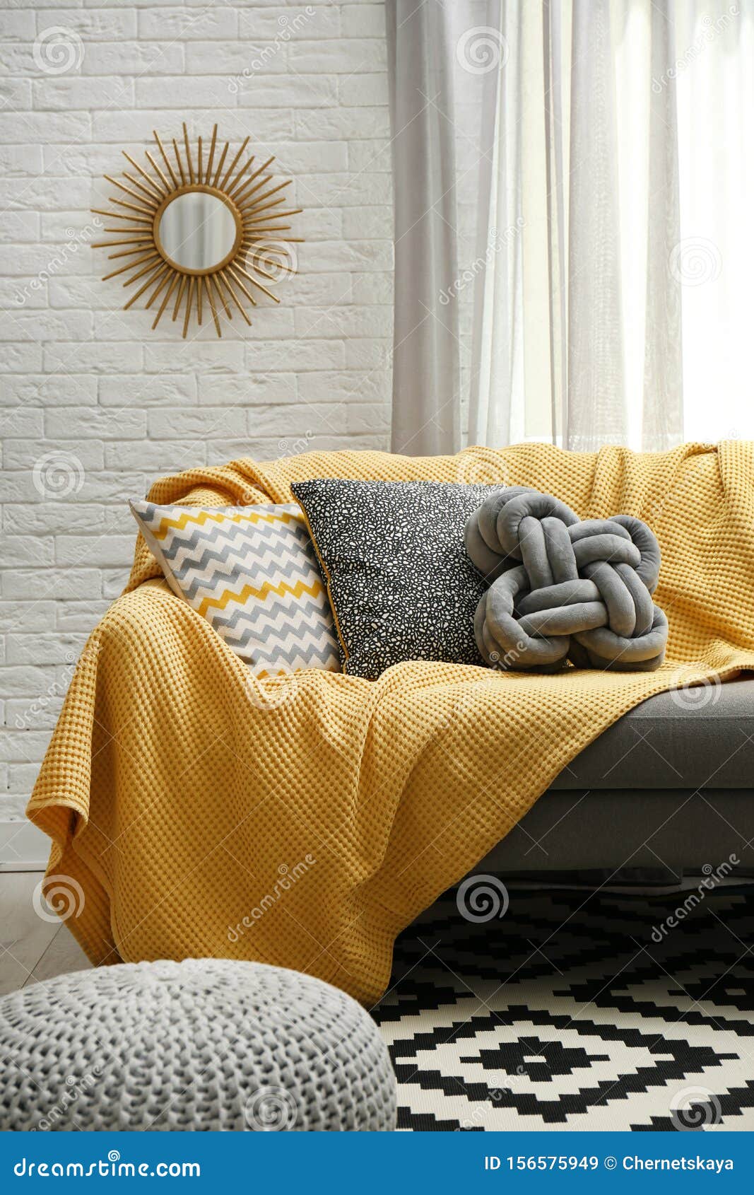 Soft Pillows and Yellow Plaid on Sofa Stock Image Image of pillow