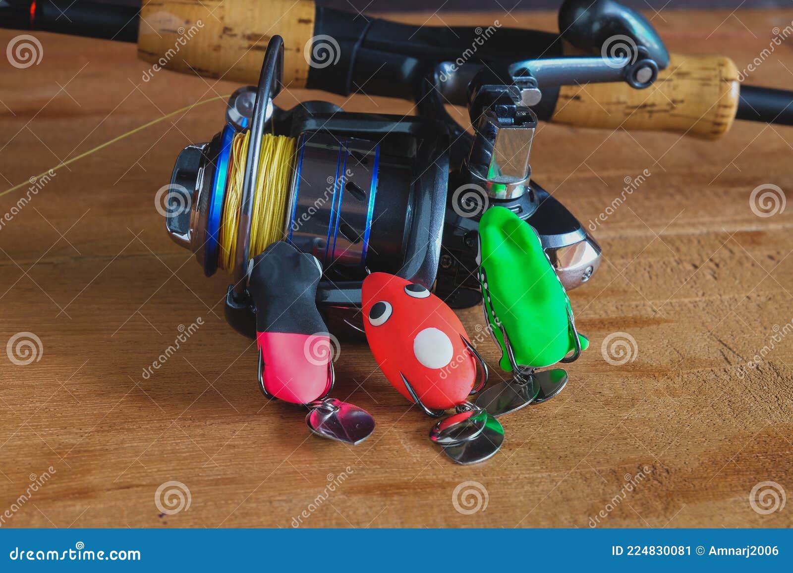Soft Plastic Frog Lure with Fiishing Spinning . Stock Image - Image of  plastic, colorful: 224830081