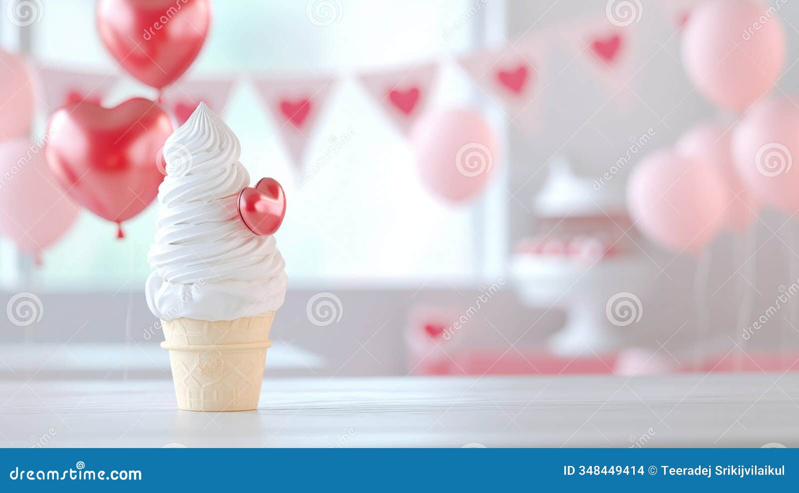 valentine ice cream concept. soft serve ice cream with heart decor in festive setting. generative ai.