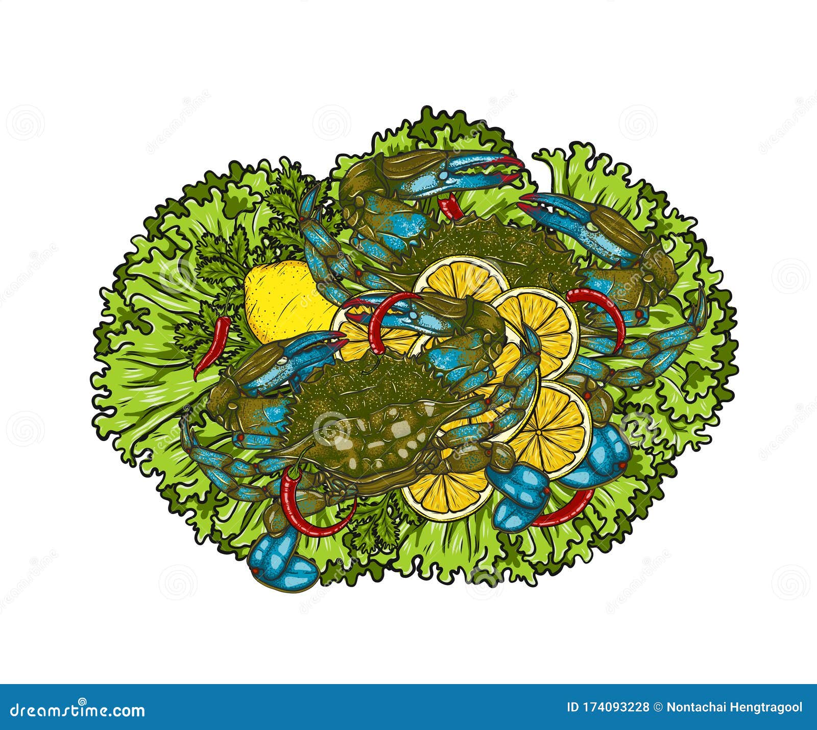 soft shellcrab with lemon and vegetable on white background