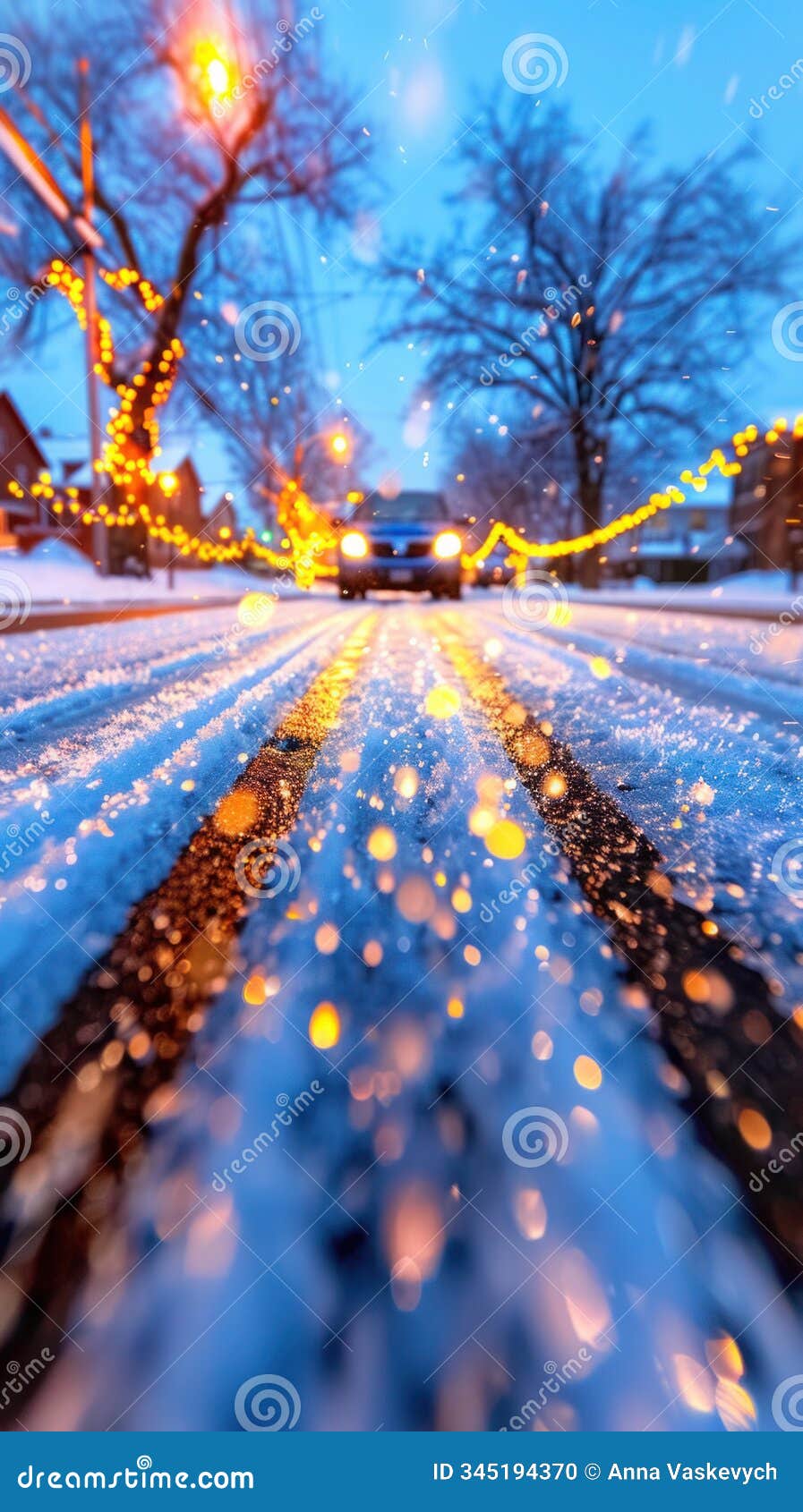 soft snowfall on a quiet street with "happy new year" in lights across a tree line, leaving ample room for text