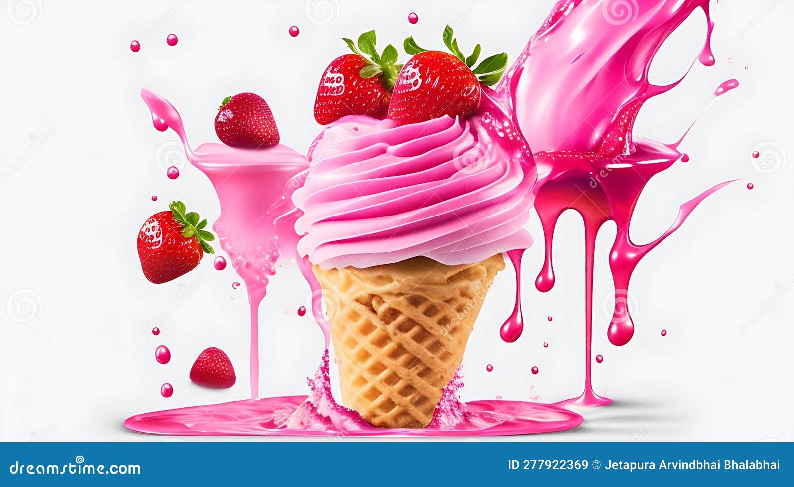 Soft Strawberry Ice Cream Cone with Swirl Splash. Vector Ads Promo ...