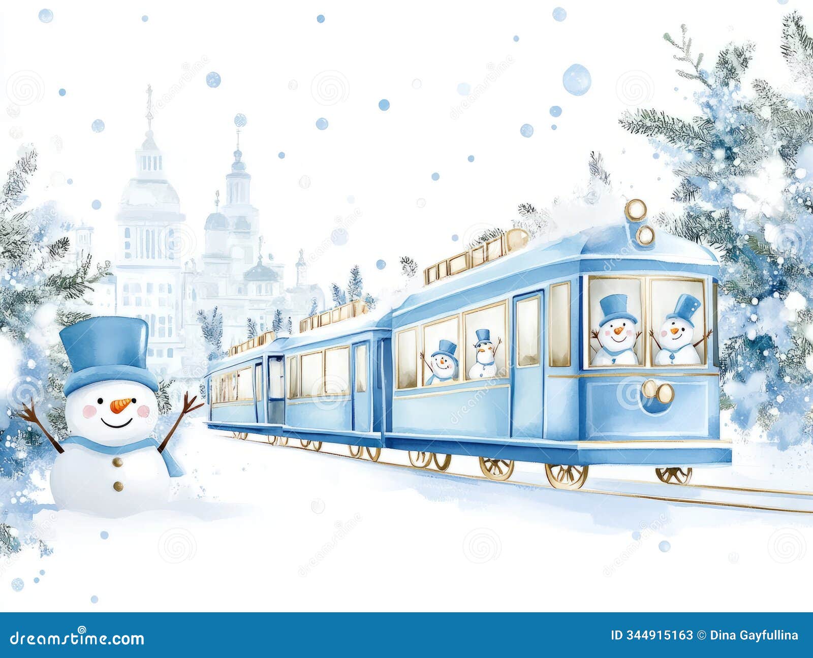 a soft train with snowmen passengers holding candy canes, rolling through a snowy meadow with tiny pine trees