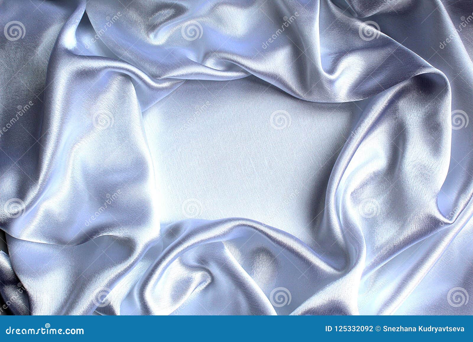 Silver white shiny material with folds in draped silk or satin material  design, luxury white background in wavy rippled cloth with smooth metallic  fabric texture Stock Illustration